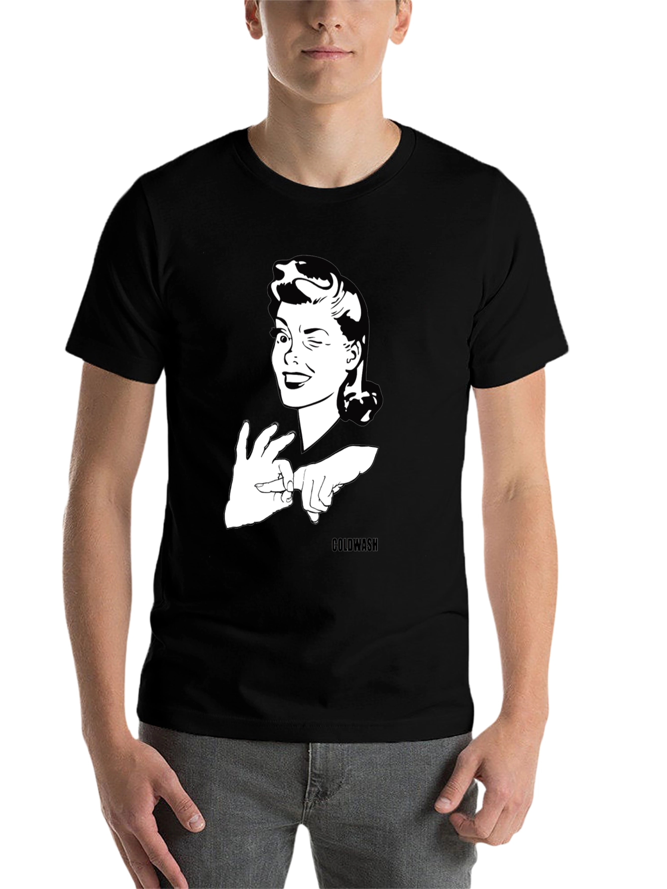 Black Winking Woman Graphic Tee - Black Cotton T-Shirt view 7