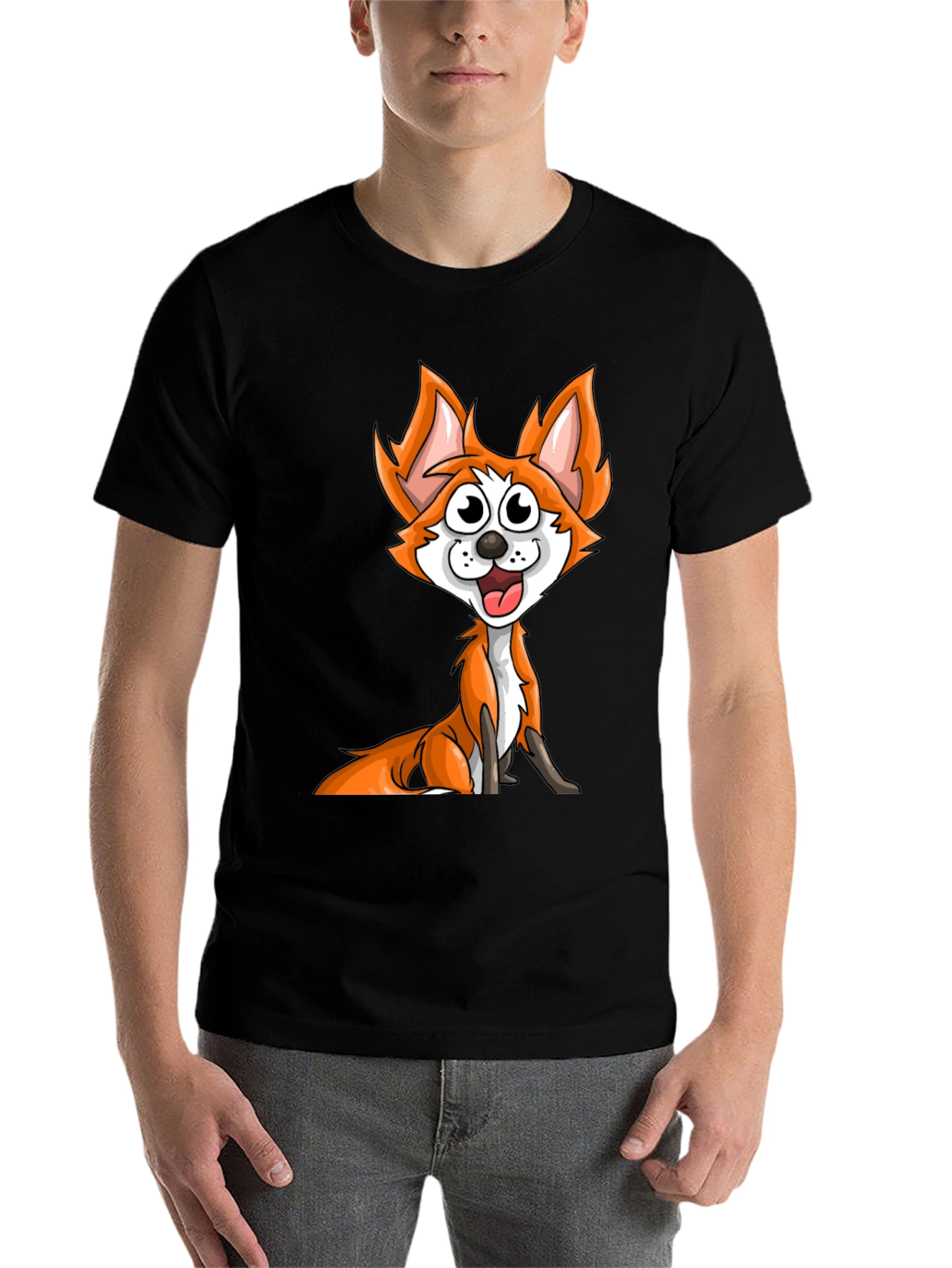 Black Cartoon Fox Graphic Tee - Black Crew Neck T-Shirt view 7