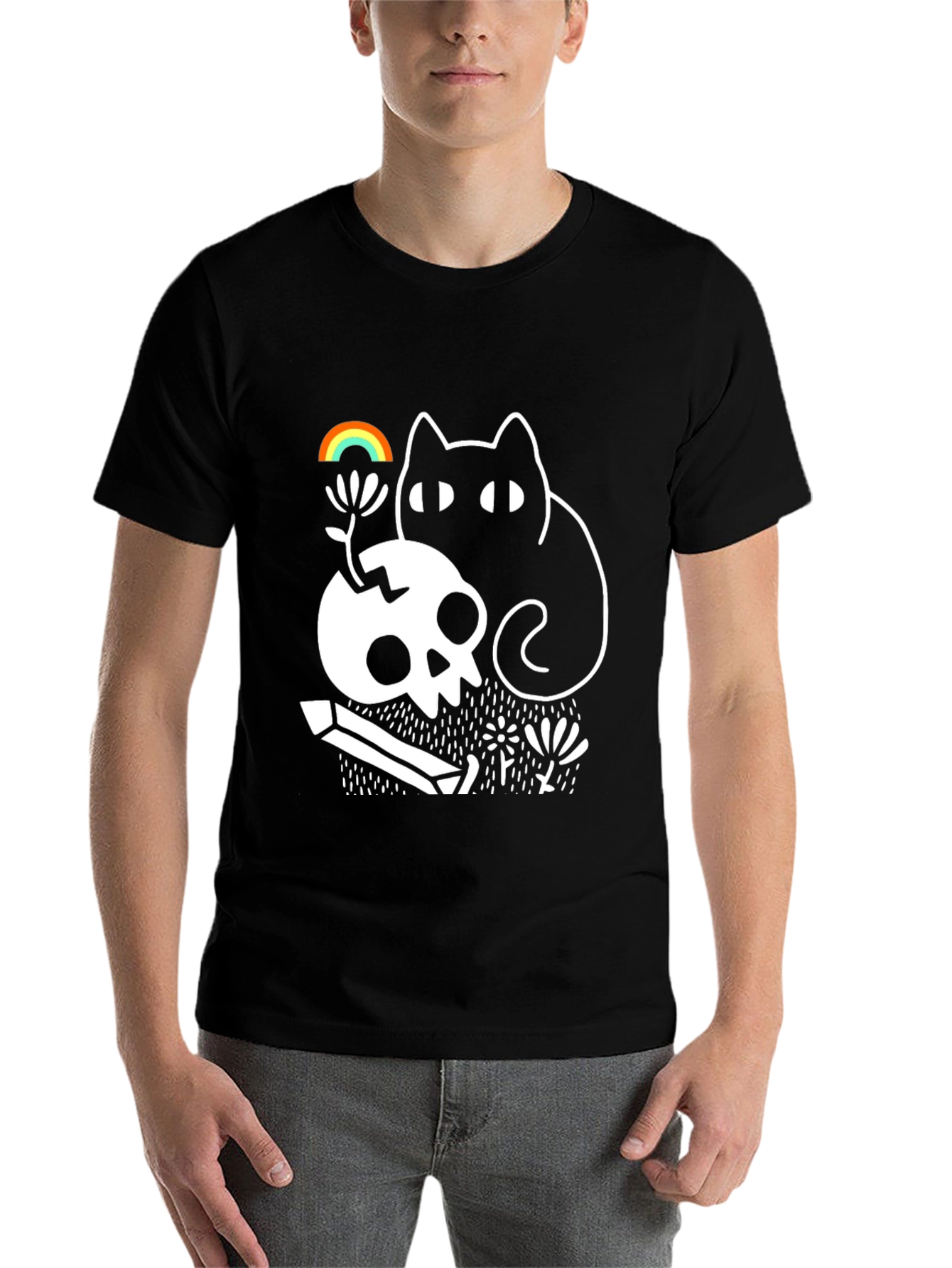 Black Gothic Whimsical Cat & Skull Graphic Tee view 7