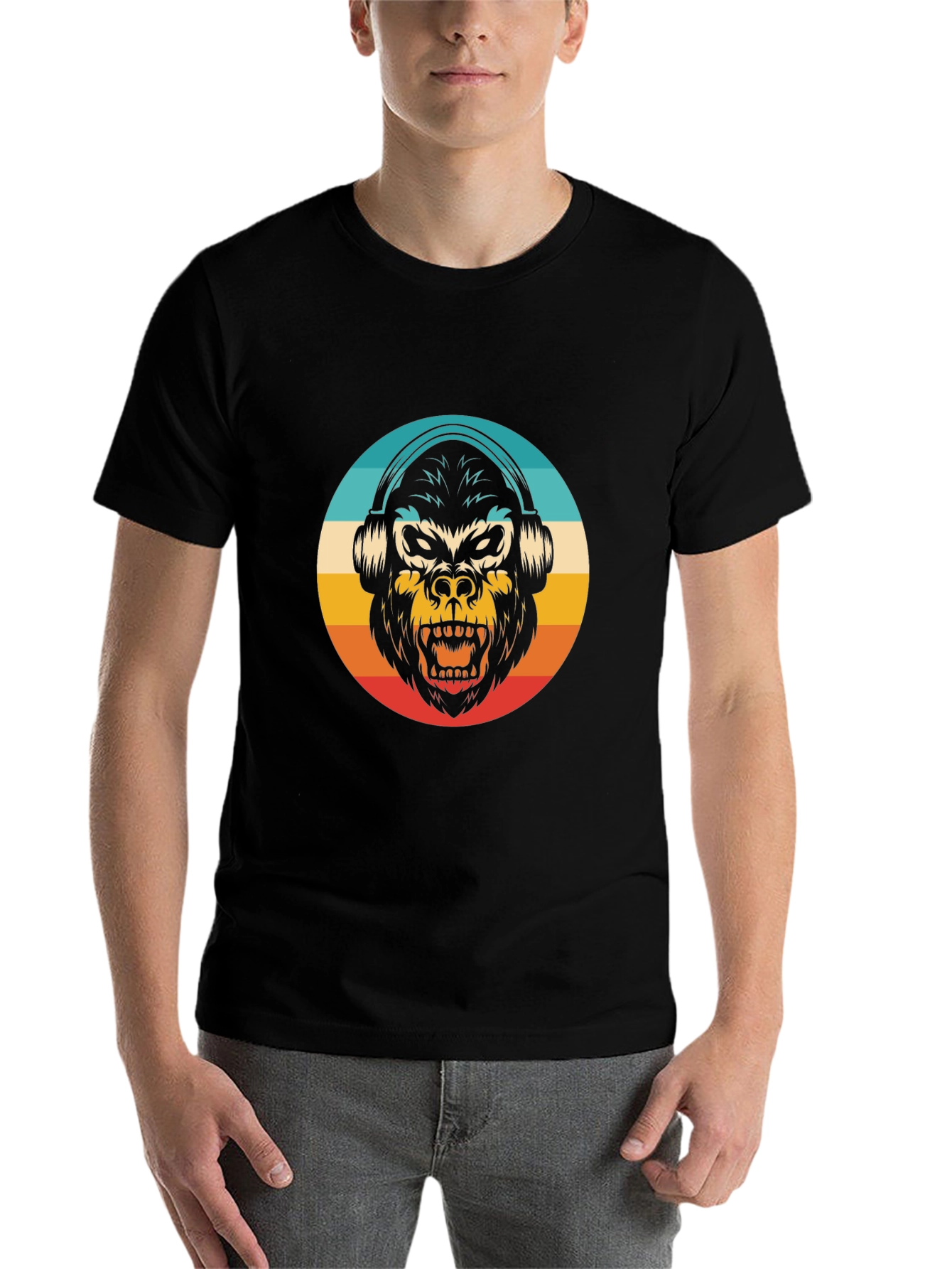 Black Retro Gorilla Headphone T-Shirt view 7