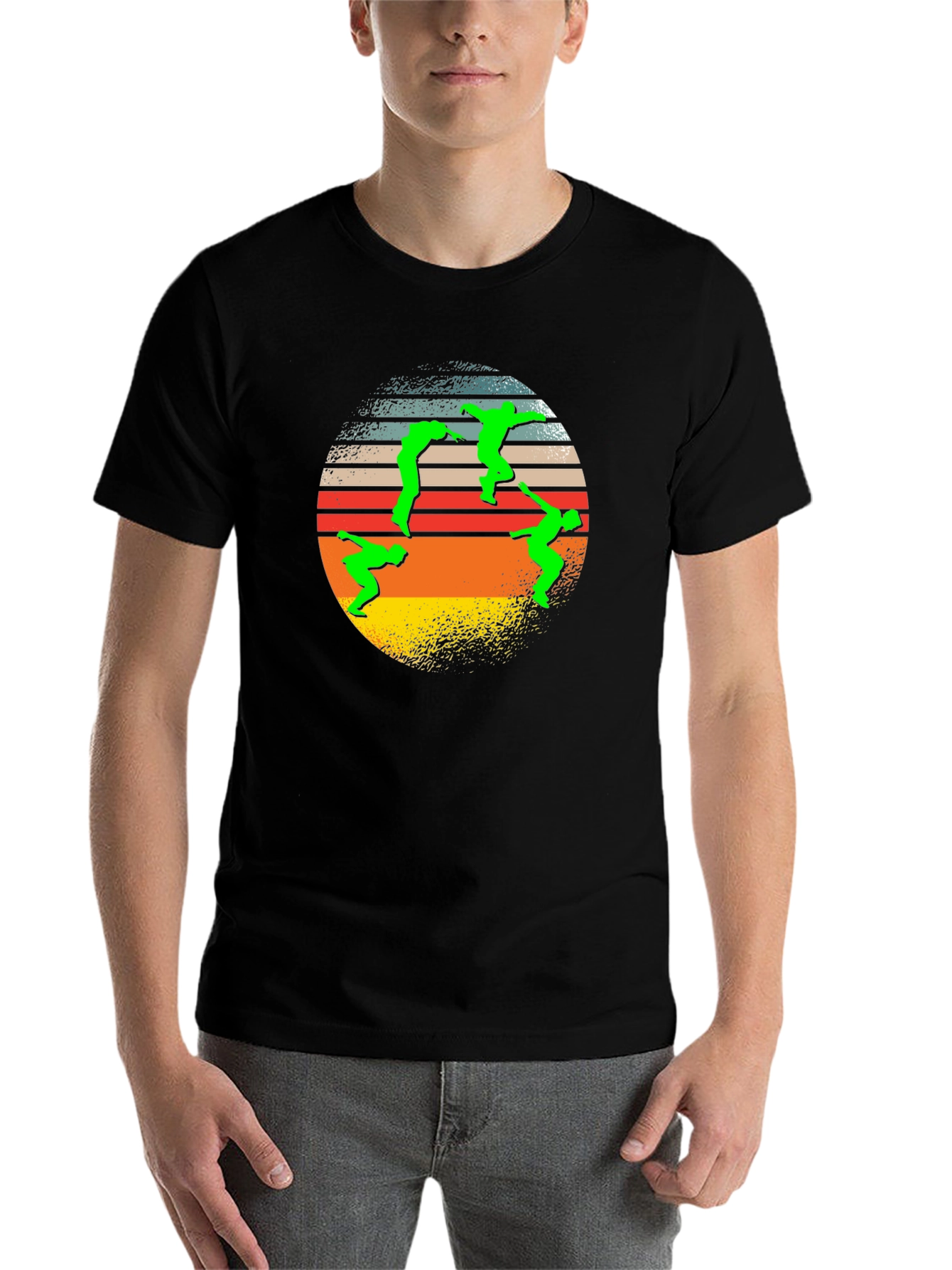 Black Retro T-Shirt with Green Figure Circle Design view 7