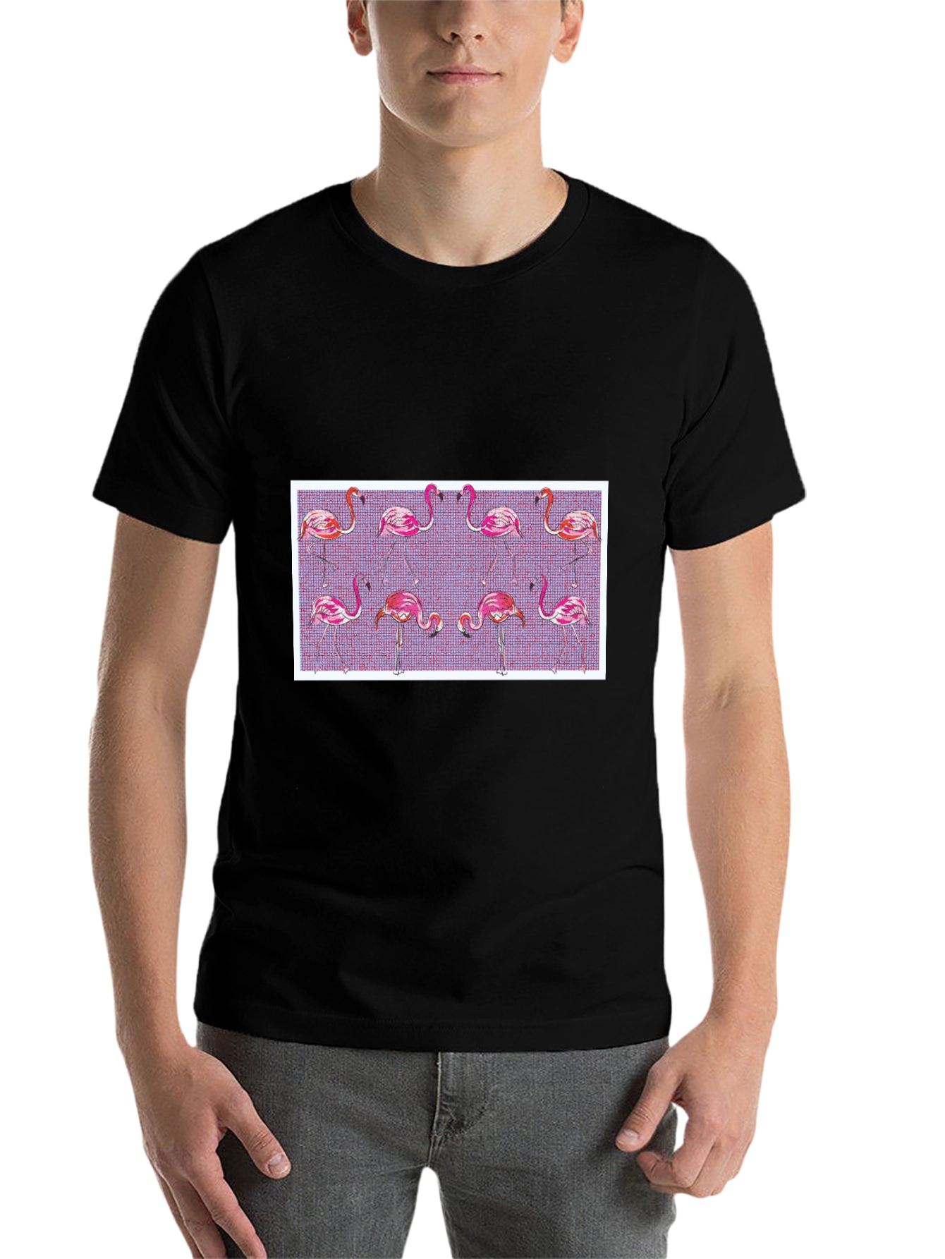 Black Flamingo Pattern Black T-Shirt view 7