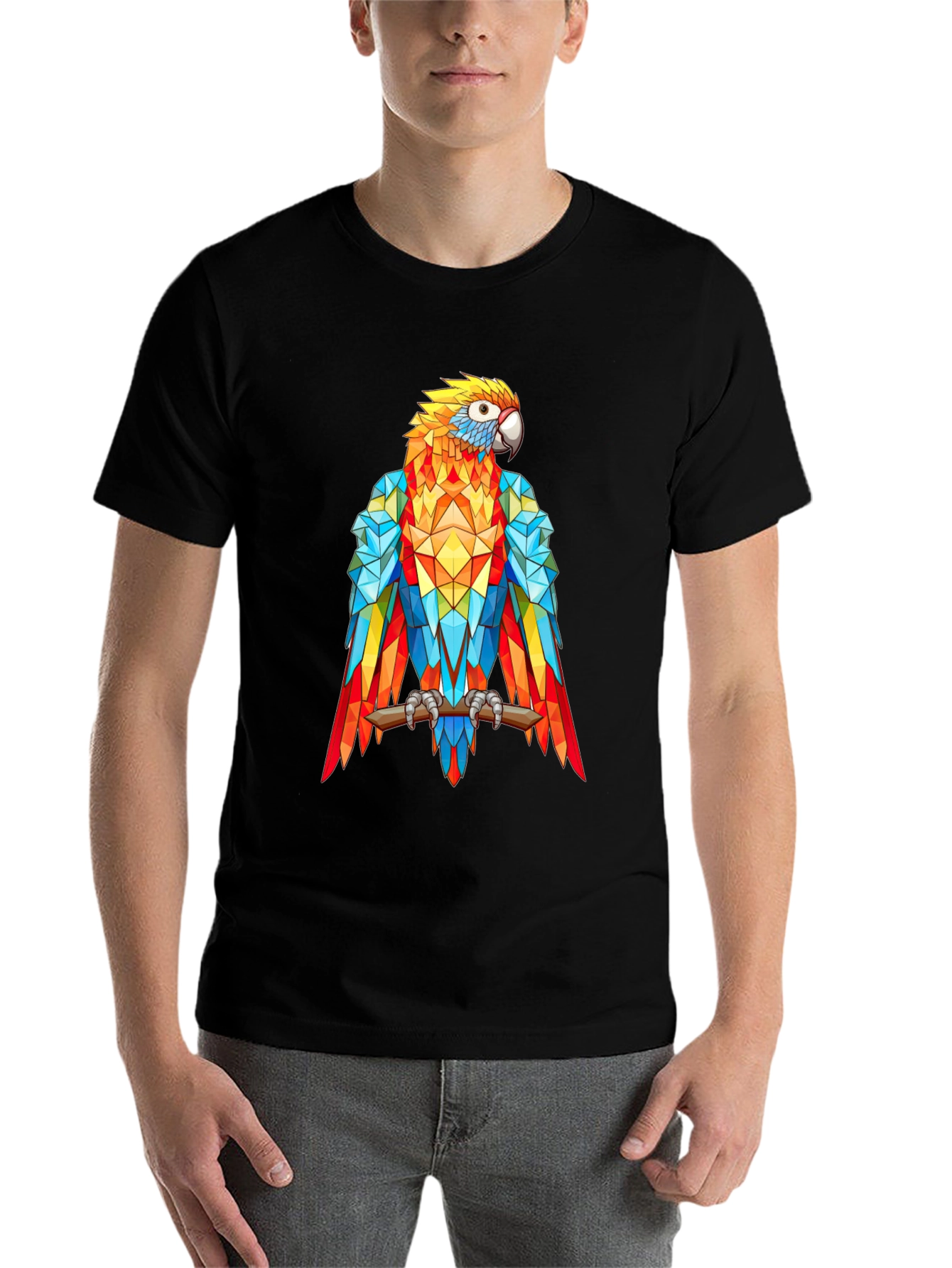 Black Geometric Parrot Graphic Print T-Shirt - Black view 7