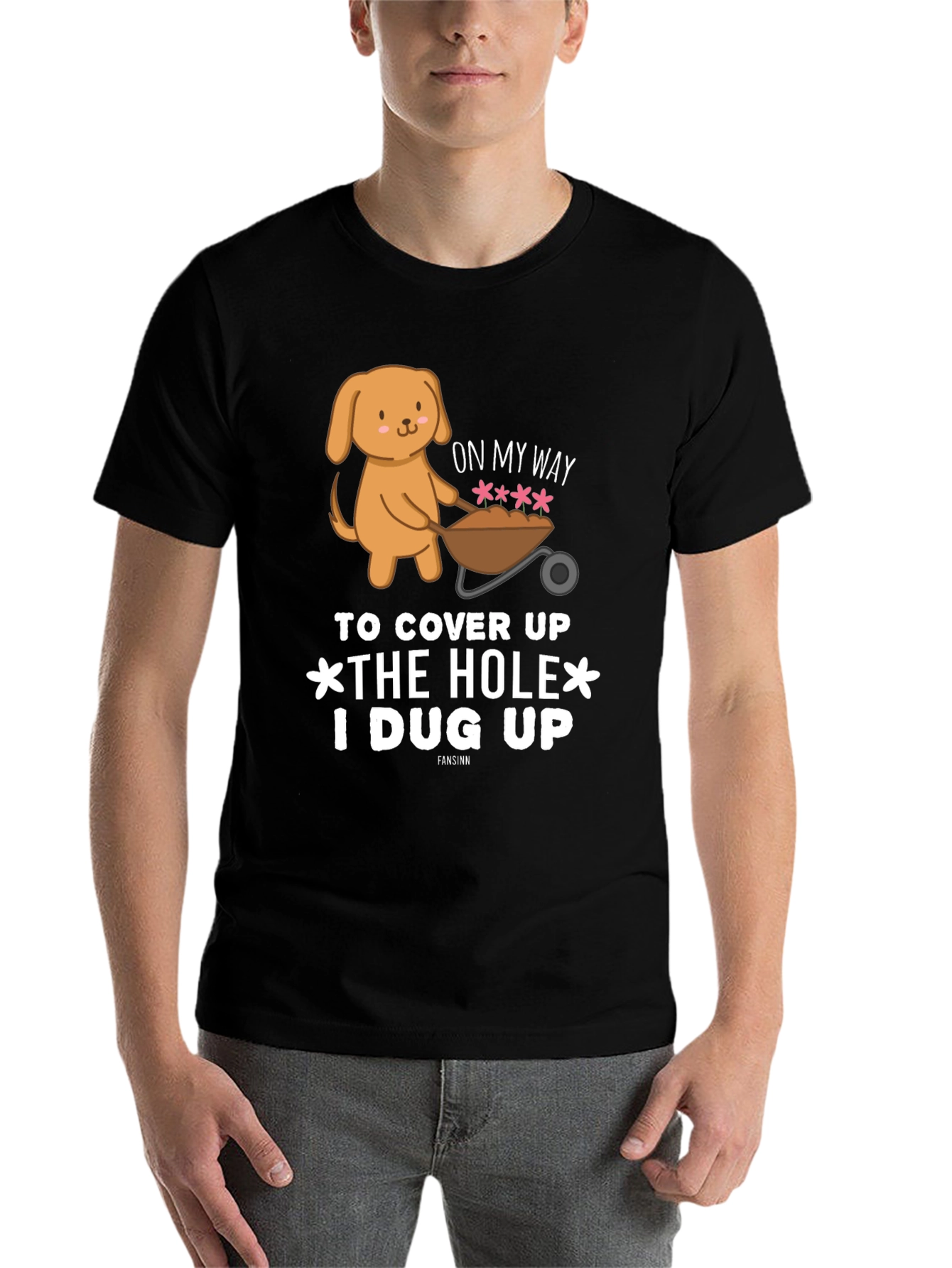 Black Cute Dog 'Cover Up Hole' Black Graphic T-Shirt view 7