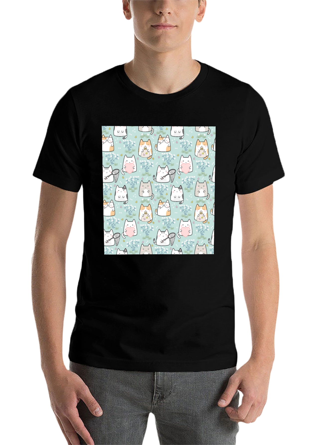 Black Cute Cat Pattern T-Shirt | Black view 7