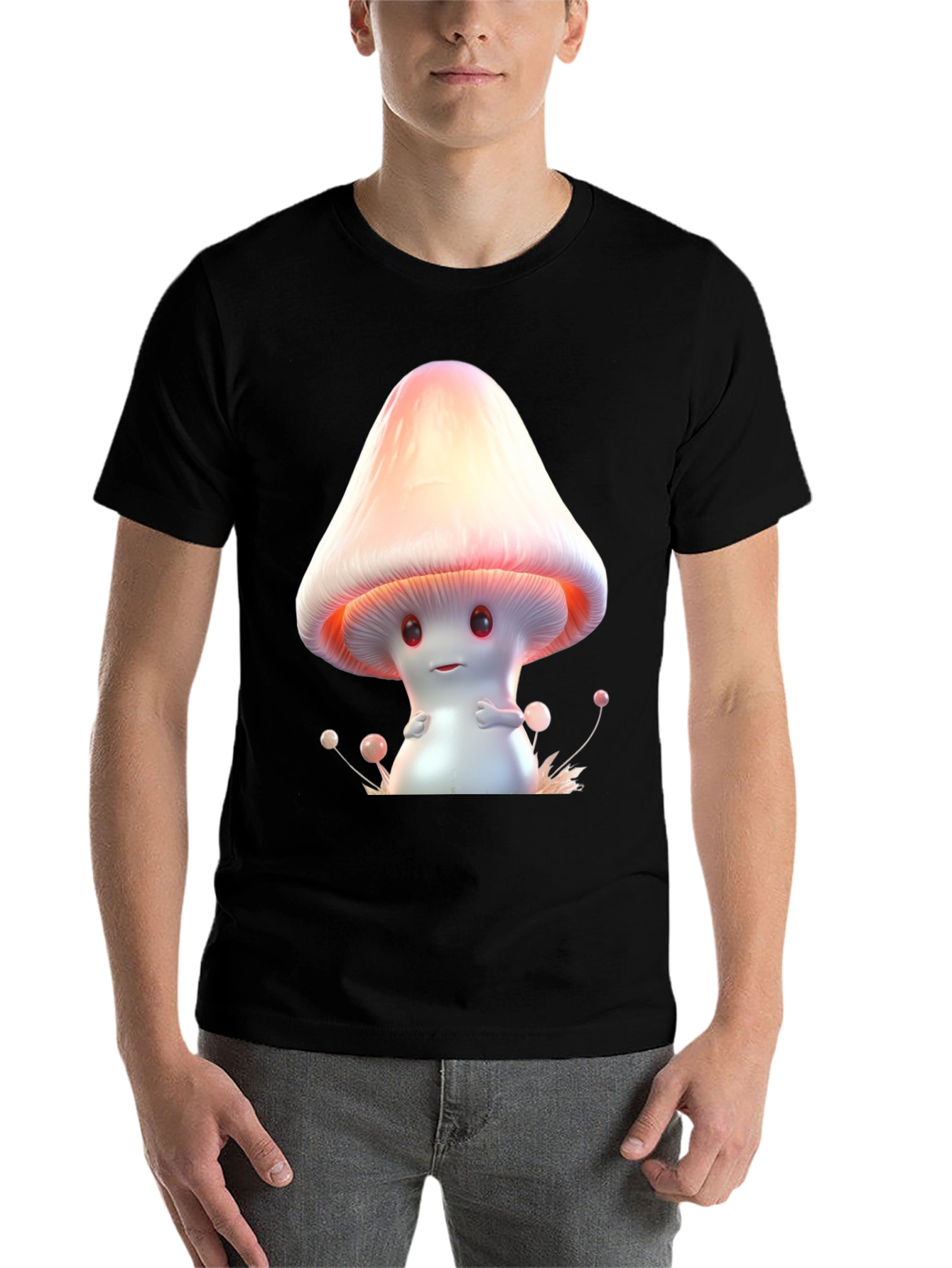 Black Cute Mushroom Graphic Tee - Unisex Black T-Shirt view 7