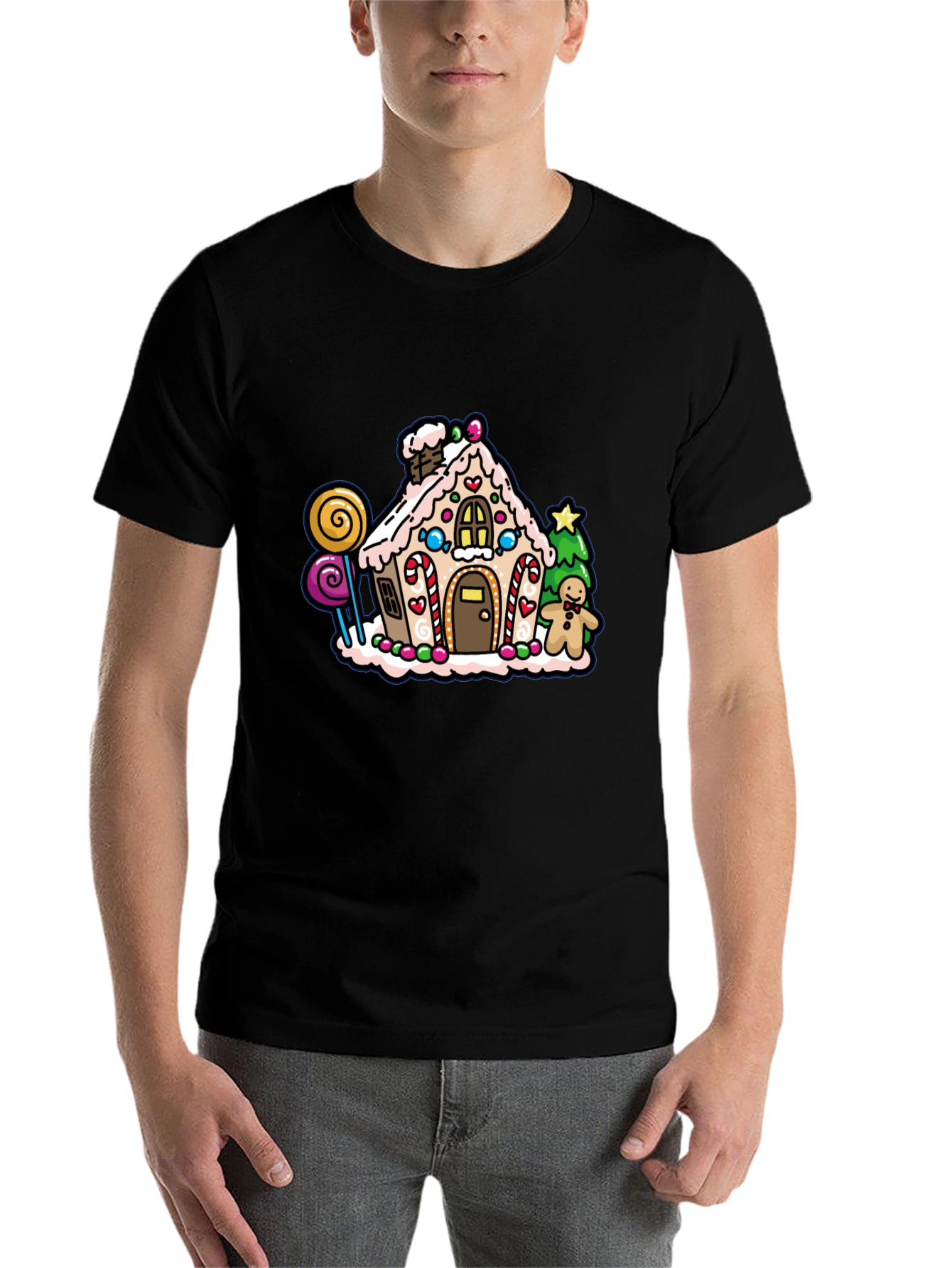 Black Gingerbread House Graphic Tee - Festive Holiday Shirt view 7