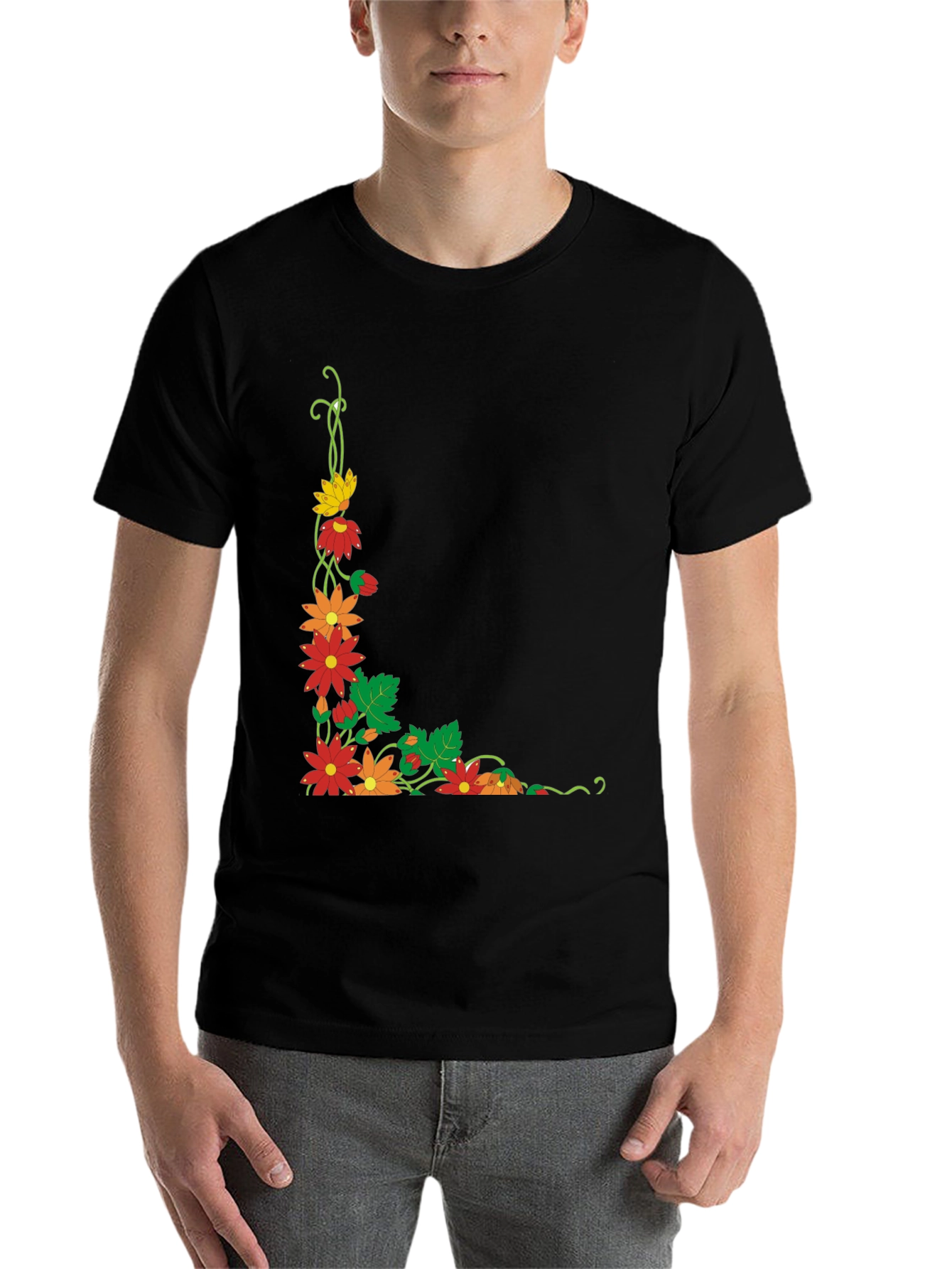 Black Floral Corner Design Black T-Shirt view 7