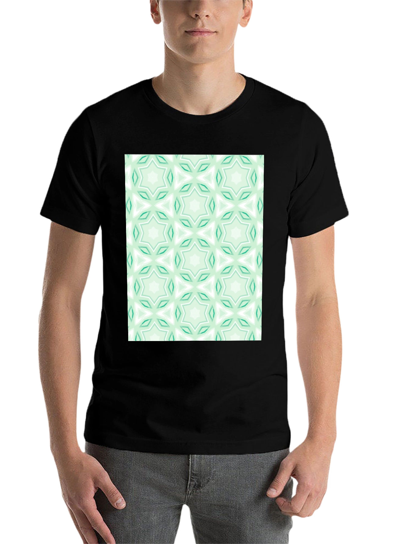 Black Kaleidoscope Pattern T-Shirt - Mint Green & White view 7