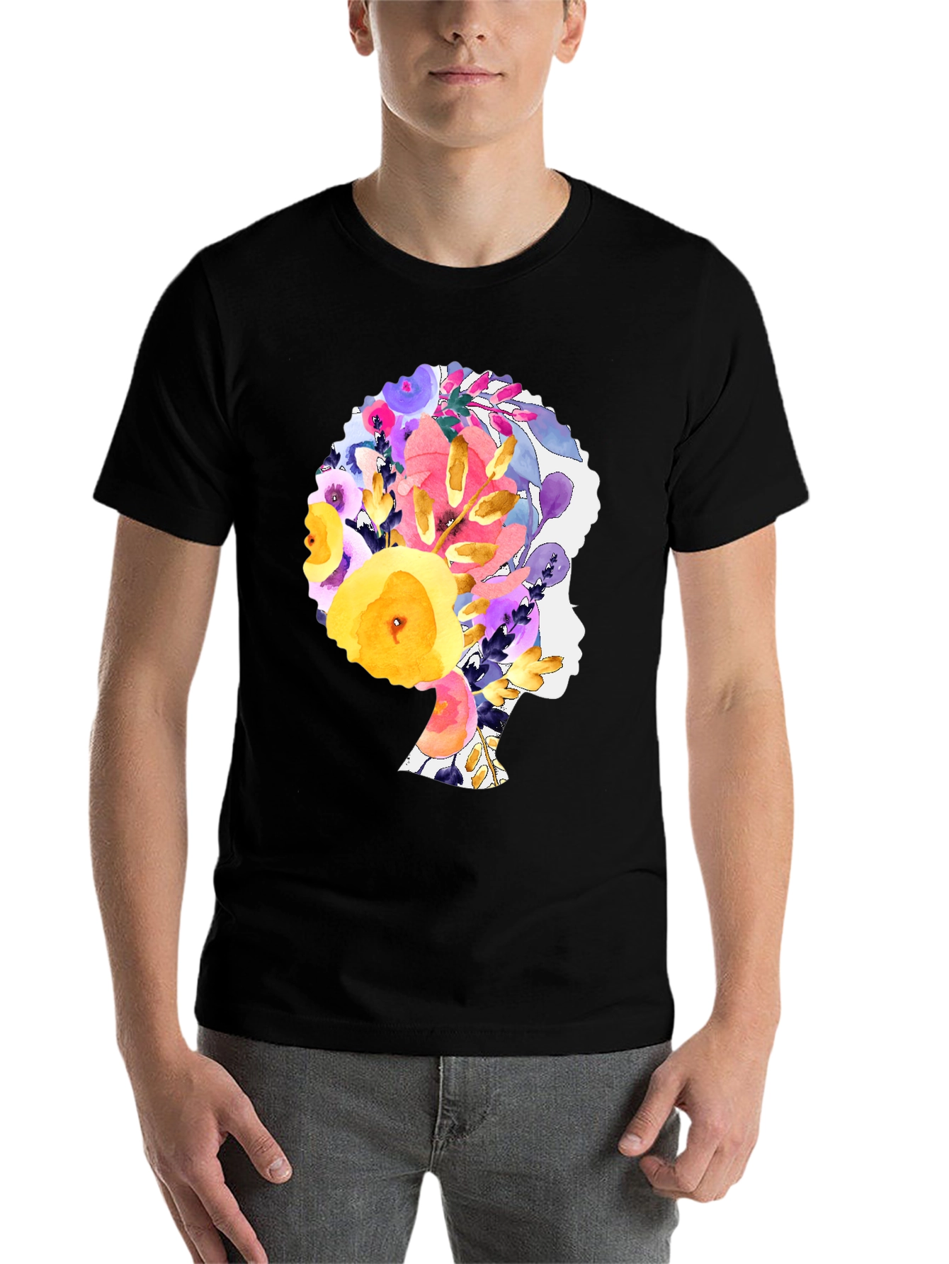 Black Floral Afro Woman Black T-Shirt view 7