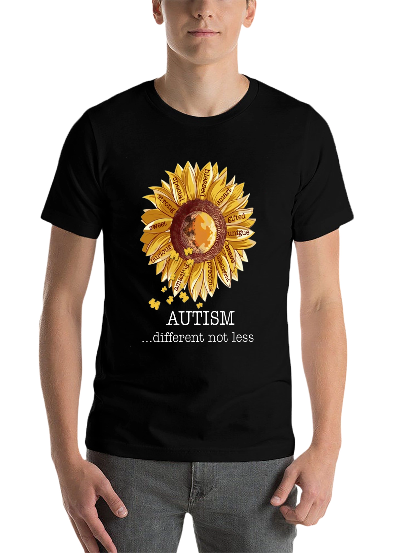 Black Autism Awareness Sunflower T-Shirt view 7