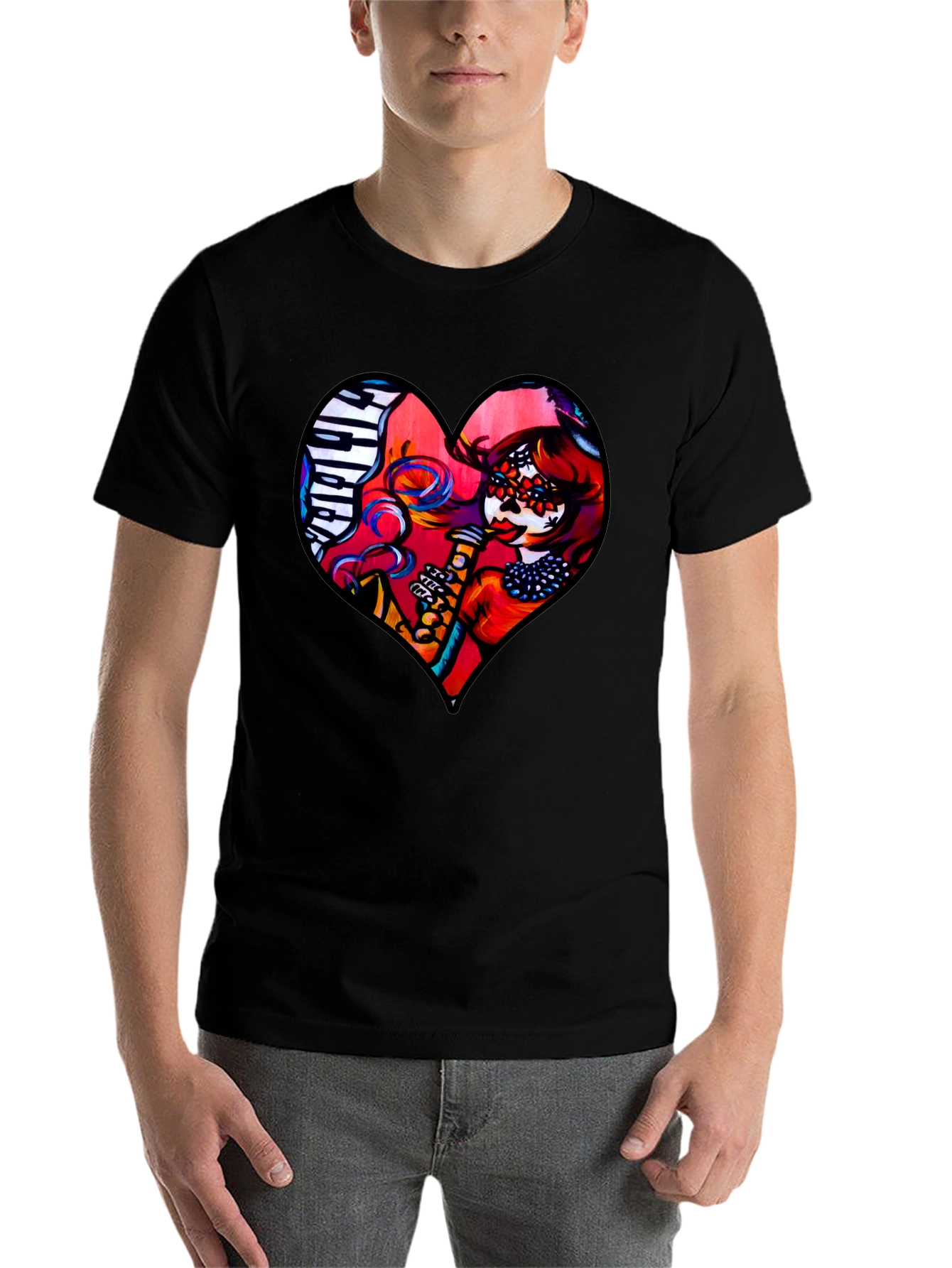 Black Heart Shaped Dia de Los Muertos T-Shirt view 7