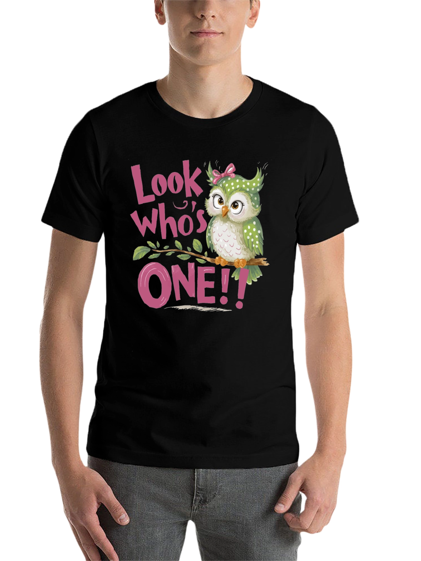 Black Look Who's One! Baby's 1st Birthday Owl T-Shirt view 7
