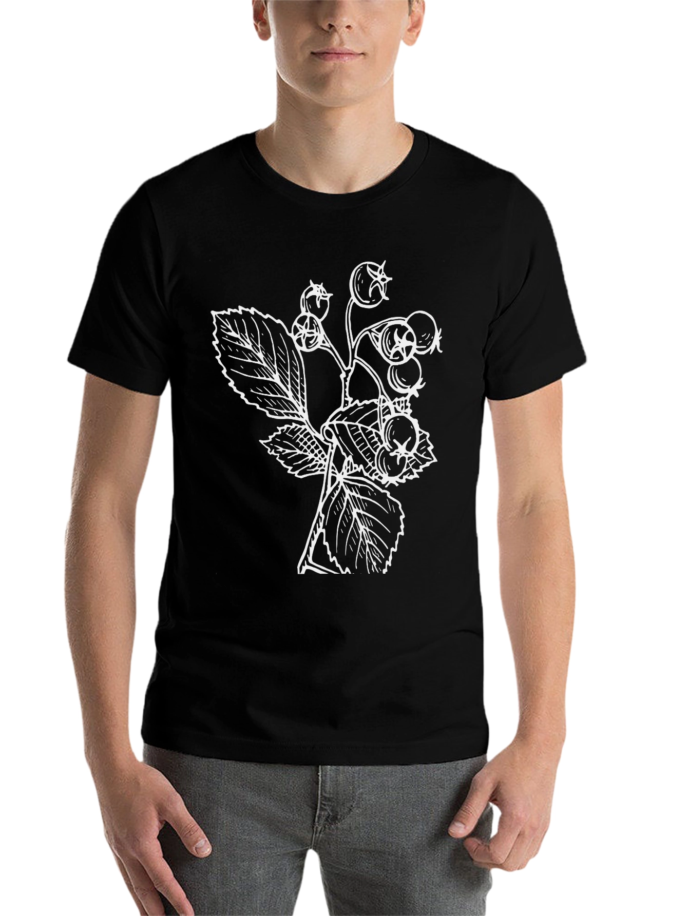 Black Nature Inspired Black T-Shirt with Botanical Print view 7