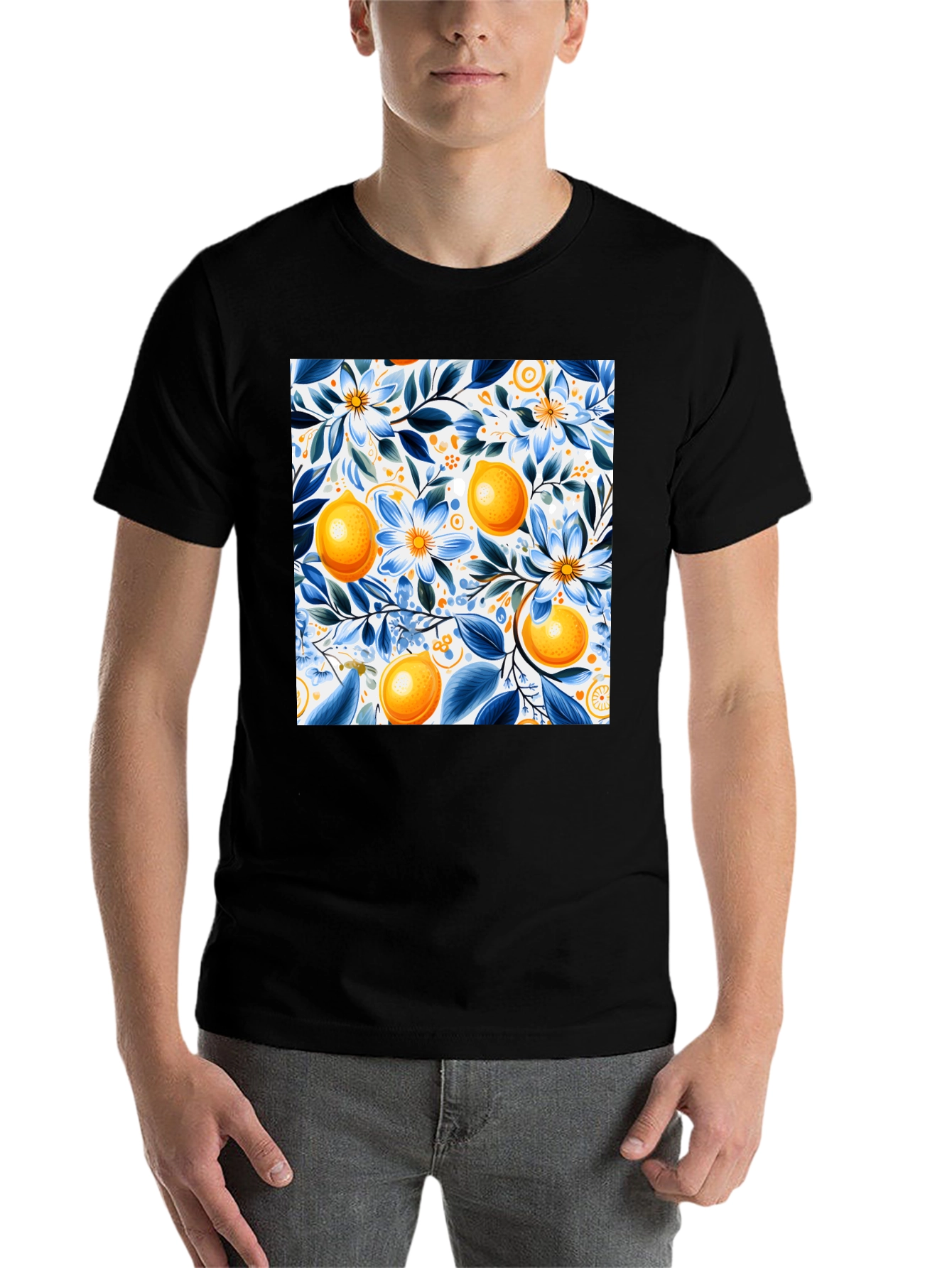 Black Floral Lemon Print Black T-Shirt view 7