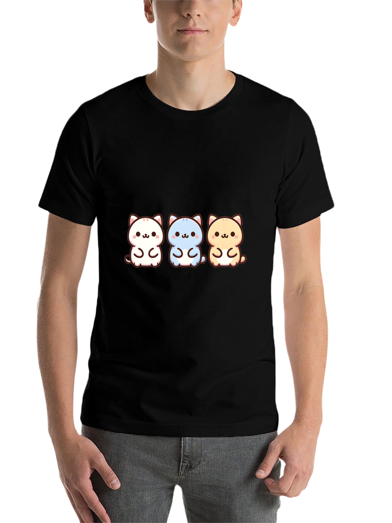Black Cute Cartoon Cat Trio Black T-Shirt view 7