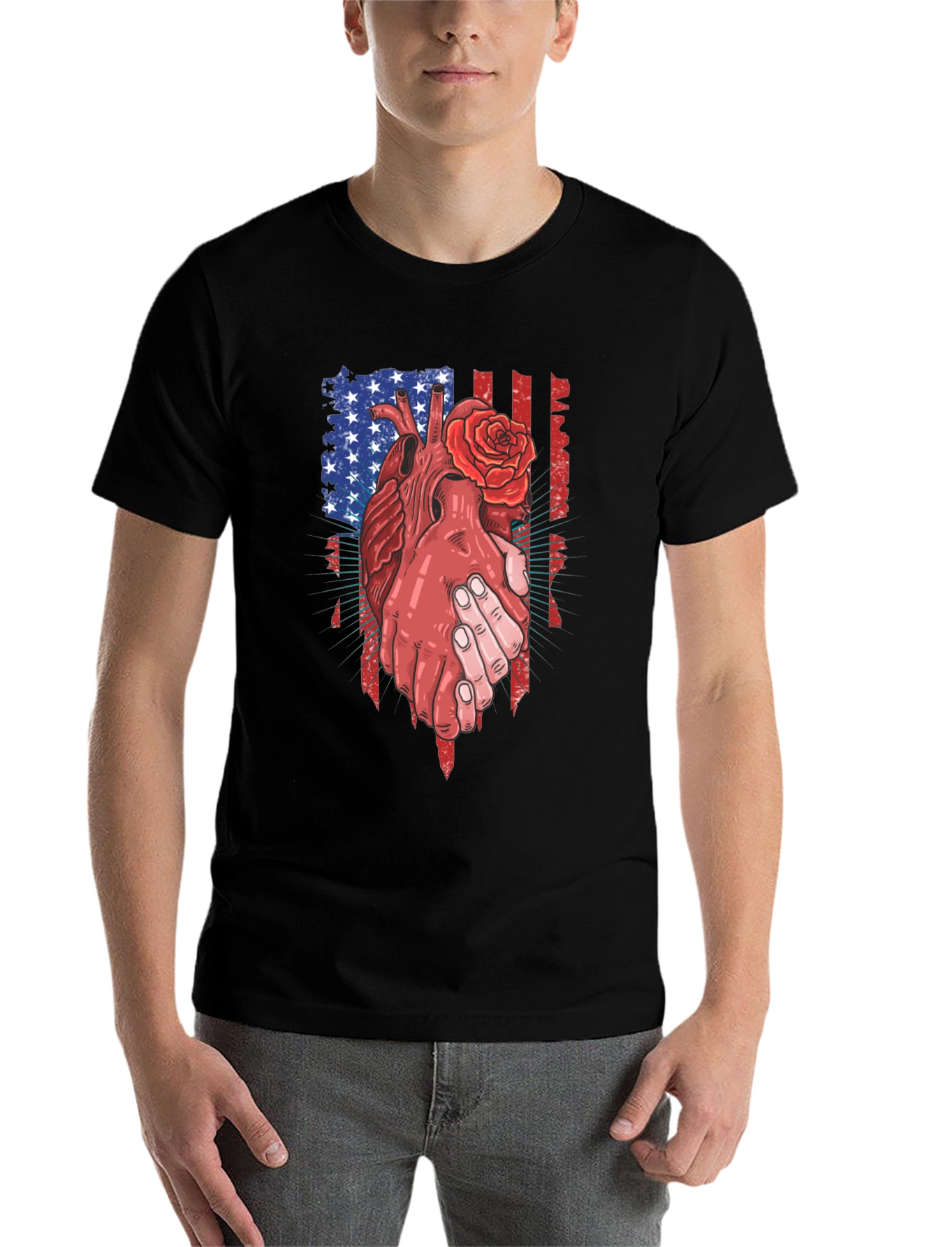 Black Patriotic Heart & Rose Graphic T-Shirt view 7