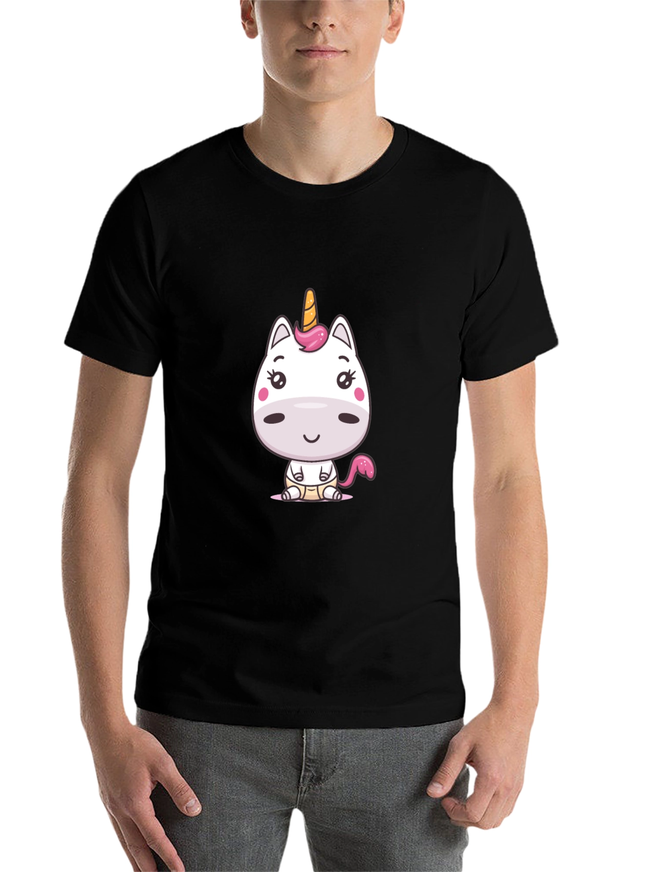 Black Cute Cartoon Unicorn Graphic Tee - Black Cotton Blend view 7