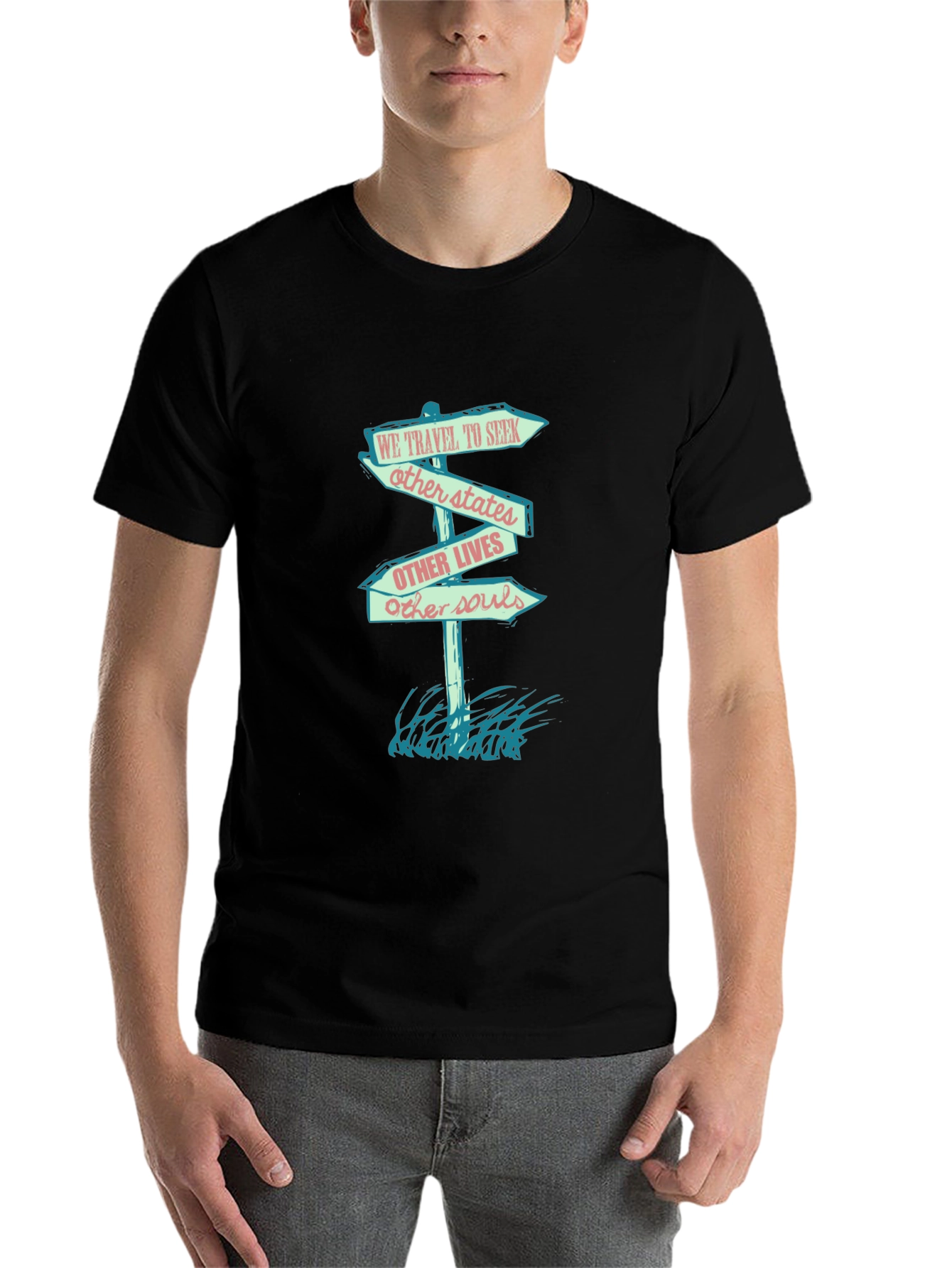 Black Travel-Inspired Graphic Tee - Seek Other States & Souls view 7
