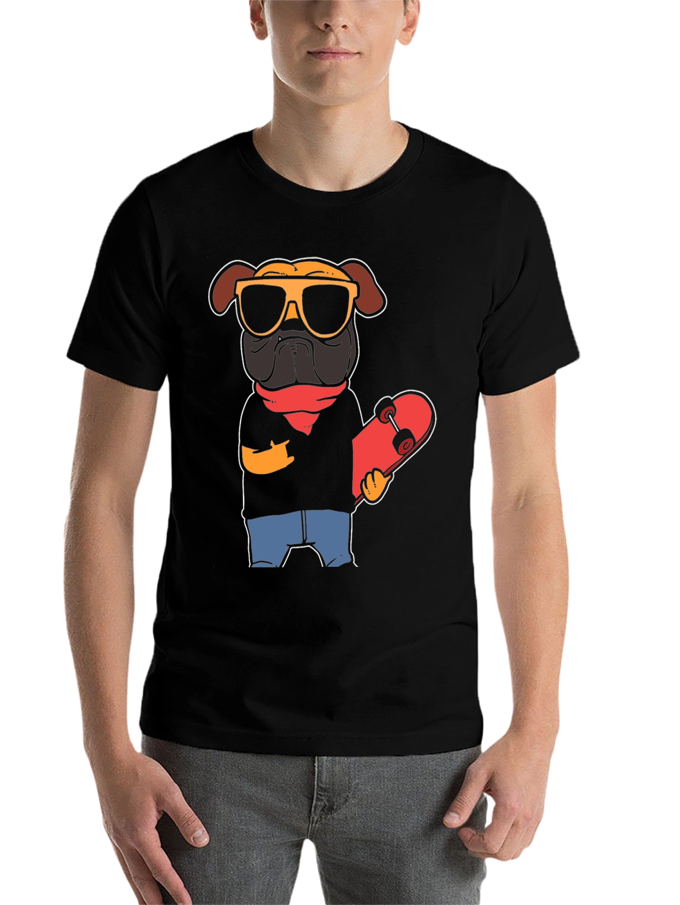 Black Cool Pug Skateboarder Graphic Tee view 7