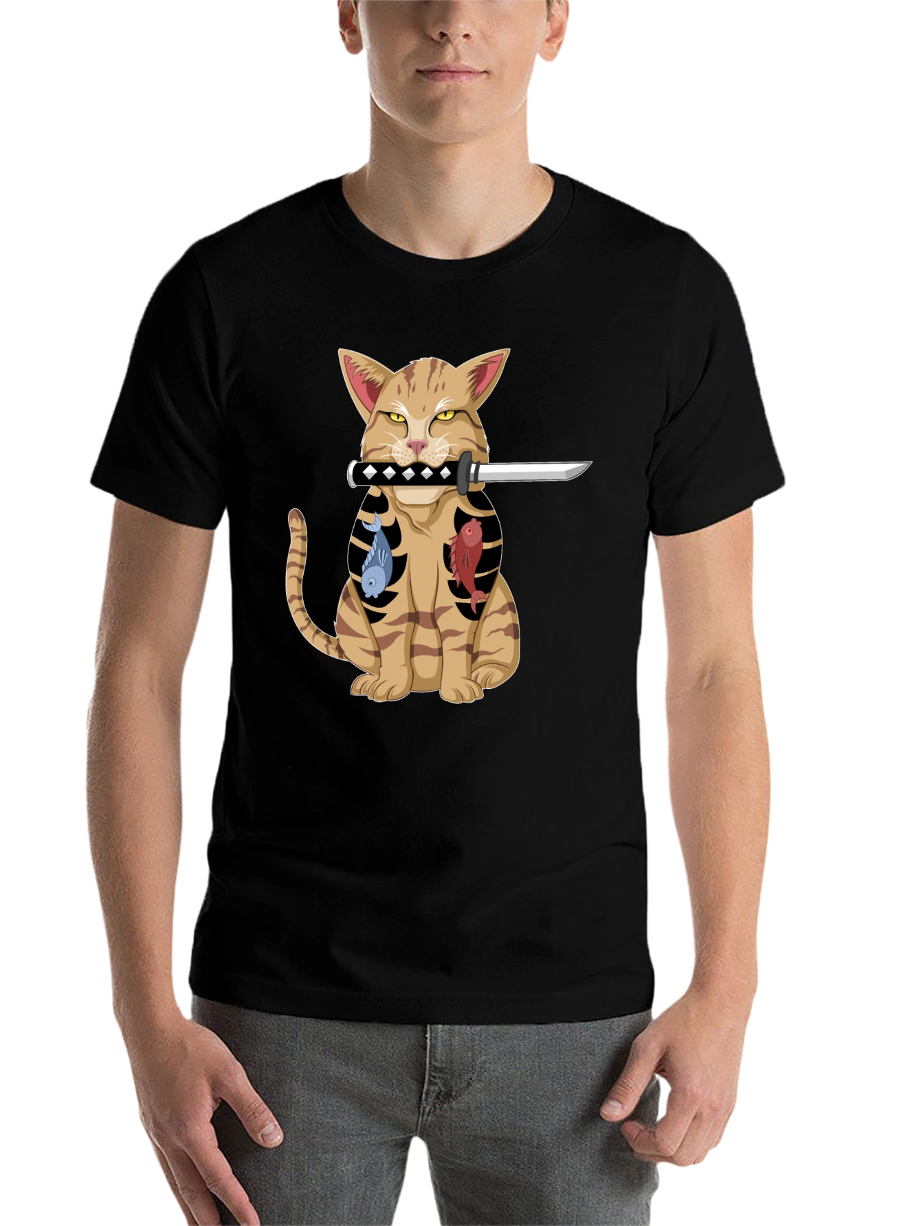 Black Cat Samurai T-Shirt - Funny Kitten with Sword Tee view 7