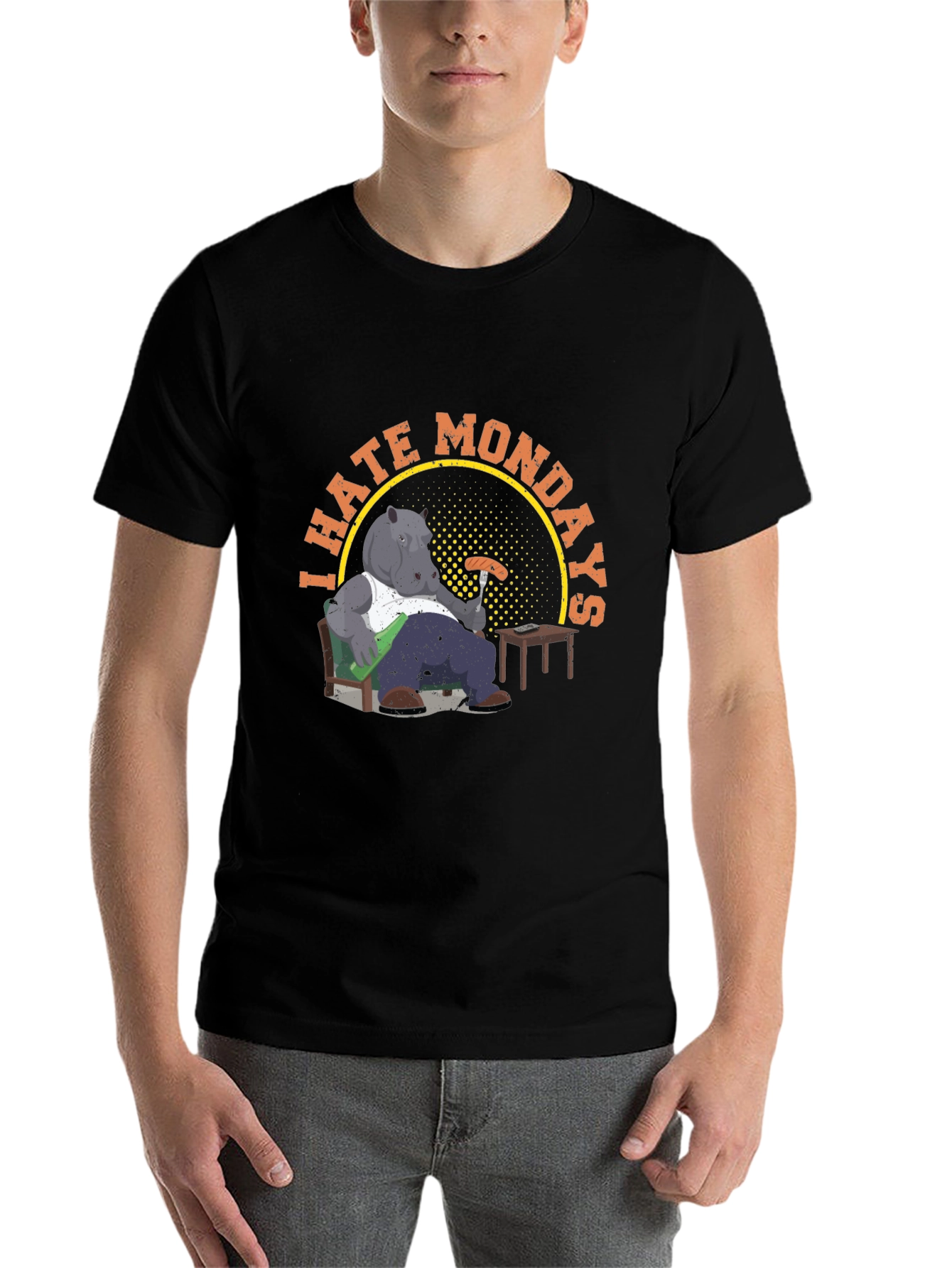 Black I Hate Mondays Graphic T-Shirt - Funny Cartoon Hippo Tee view 7