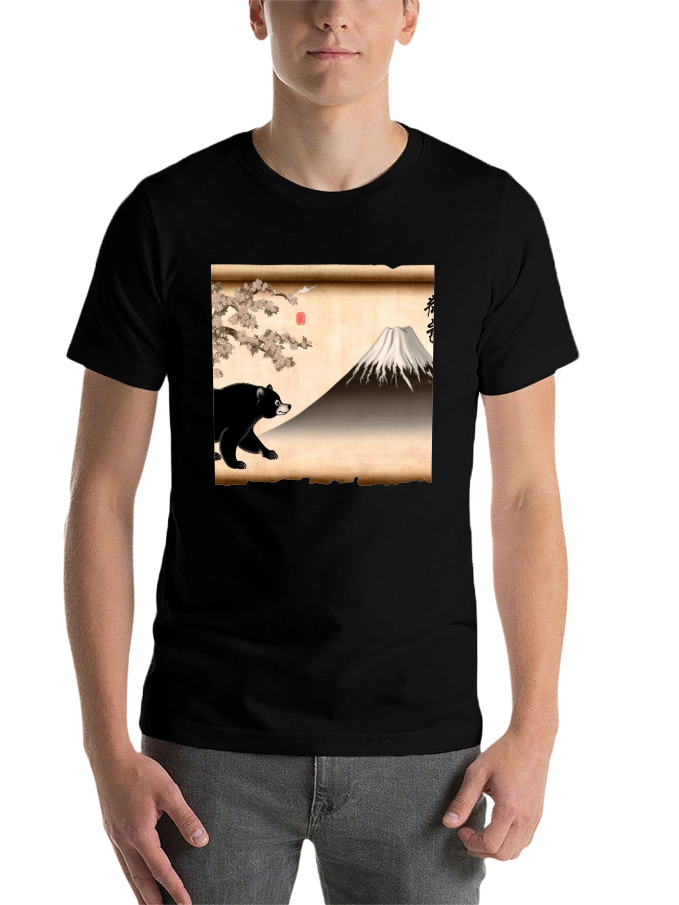 Black Bear & Mt. Fuji Graphic Tee - Japanese Art Shirt view 7