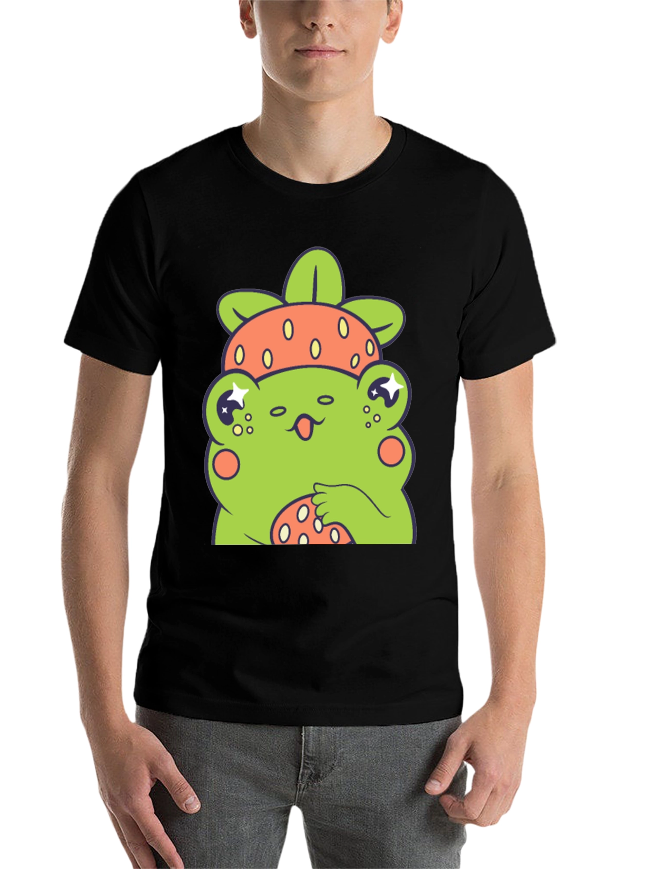 Black Frog Strawberry T-Shirt - Cute Cartoon Graphic Tee view 7