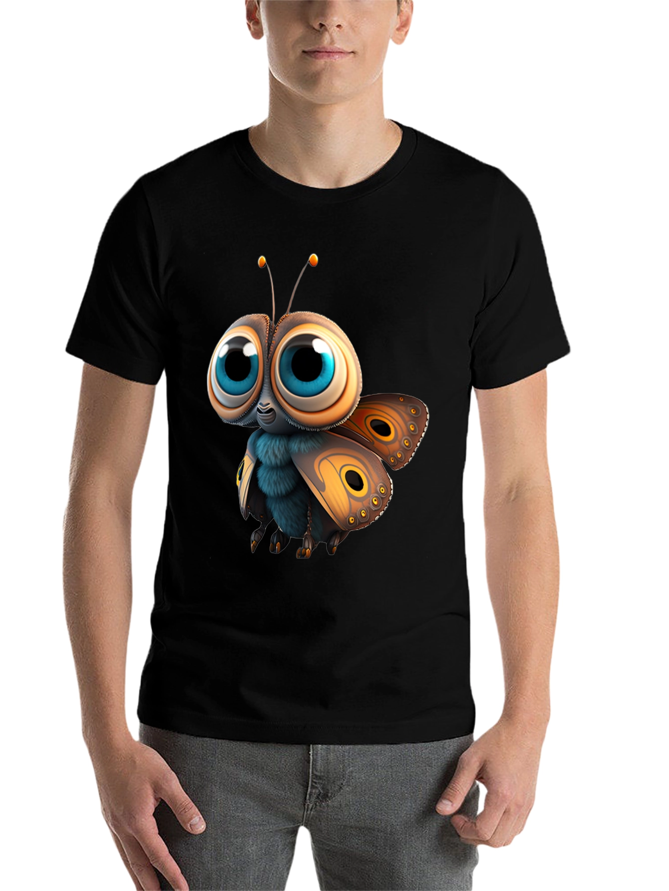 Black Cute Cartoon Moth Graphic Tee - Soft Cotton view 7
