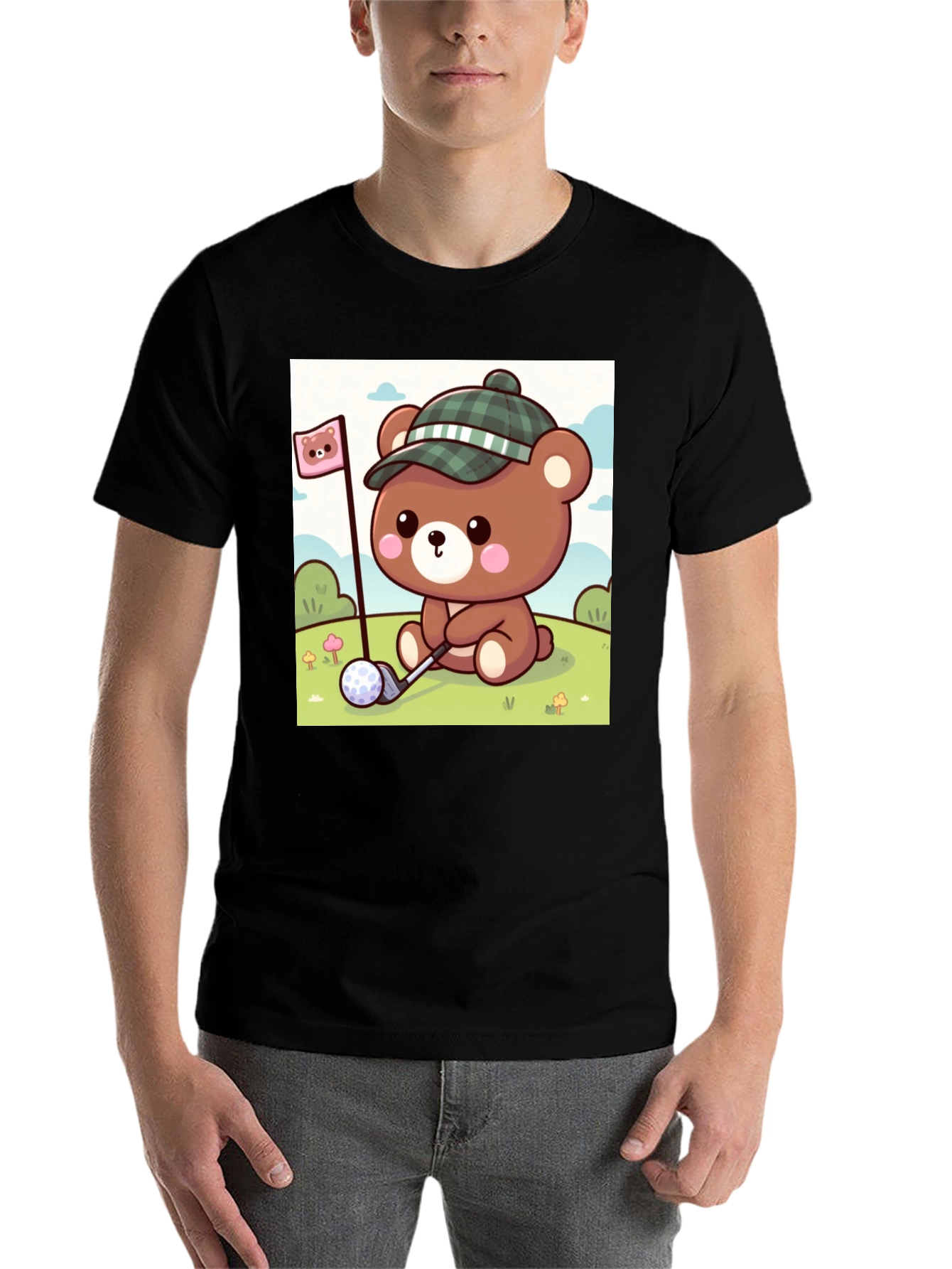 Black Cute Golf Bear Tee - Fun Cartoon Graphic T-Shirt view 7
