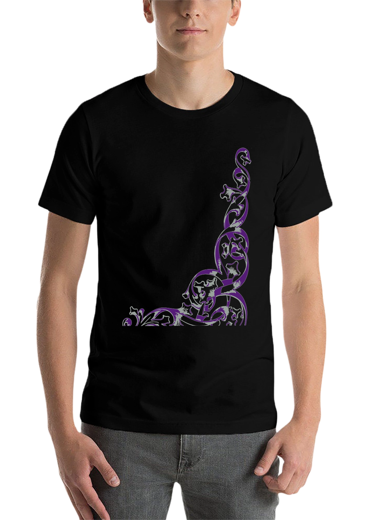 Ornate Scrollwork Graphic Tee - Black Cotton Blend - 7