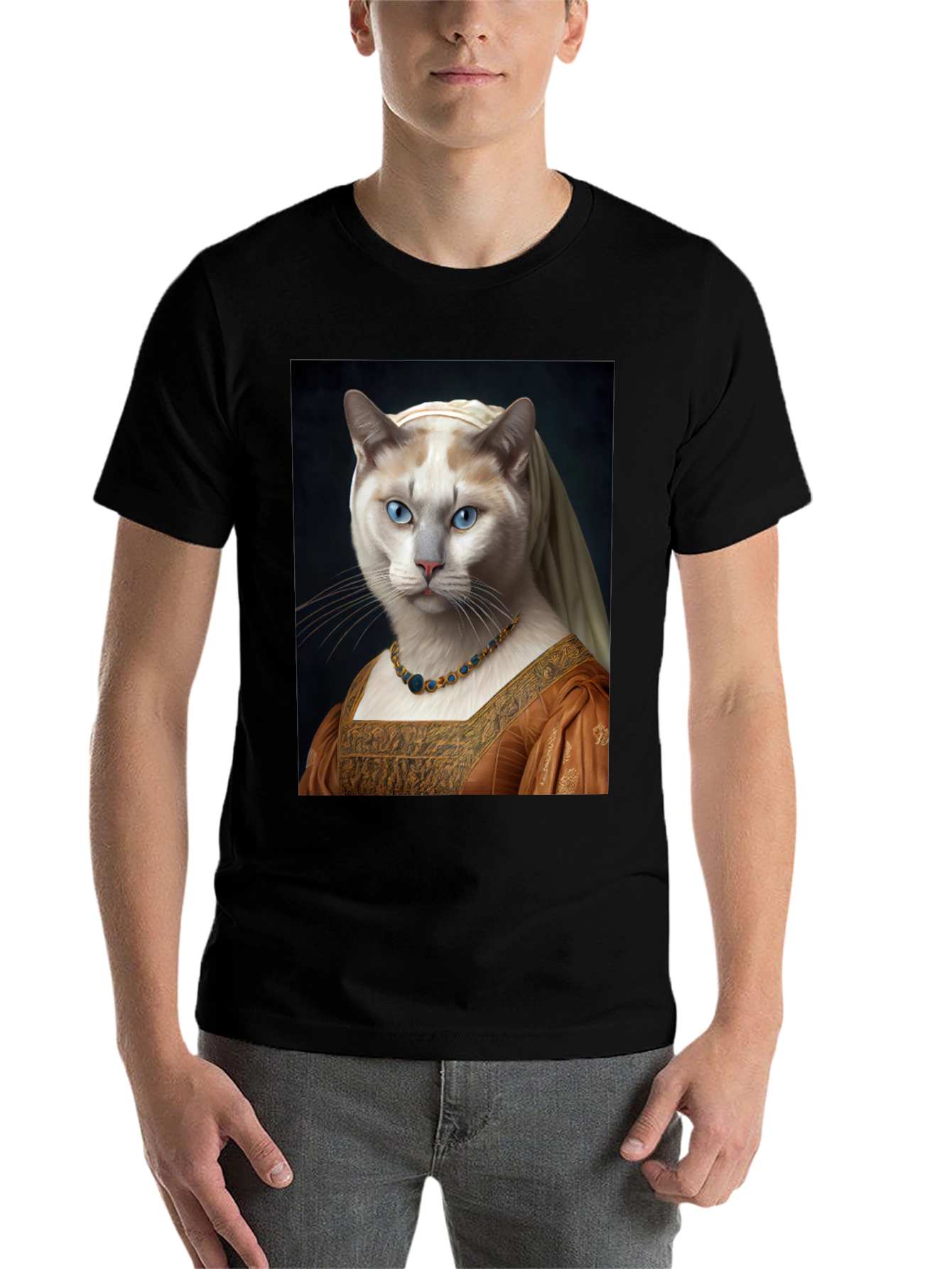 Black Cat Renaissance Portrait T-Shirt - Unique Art Tee view 7