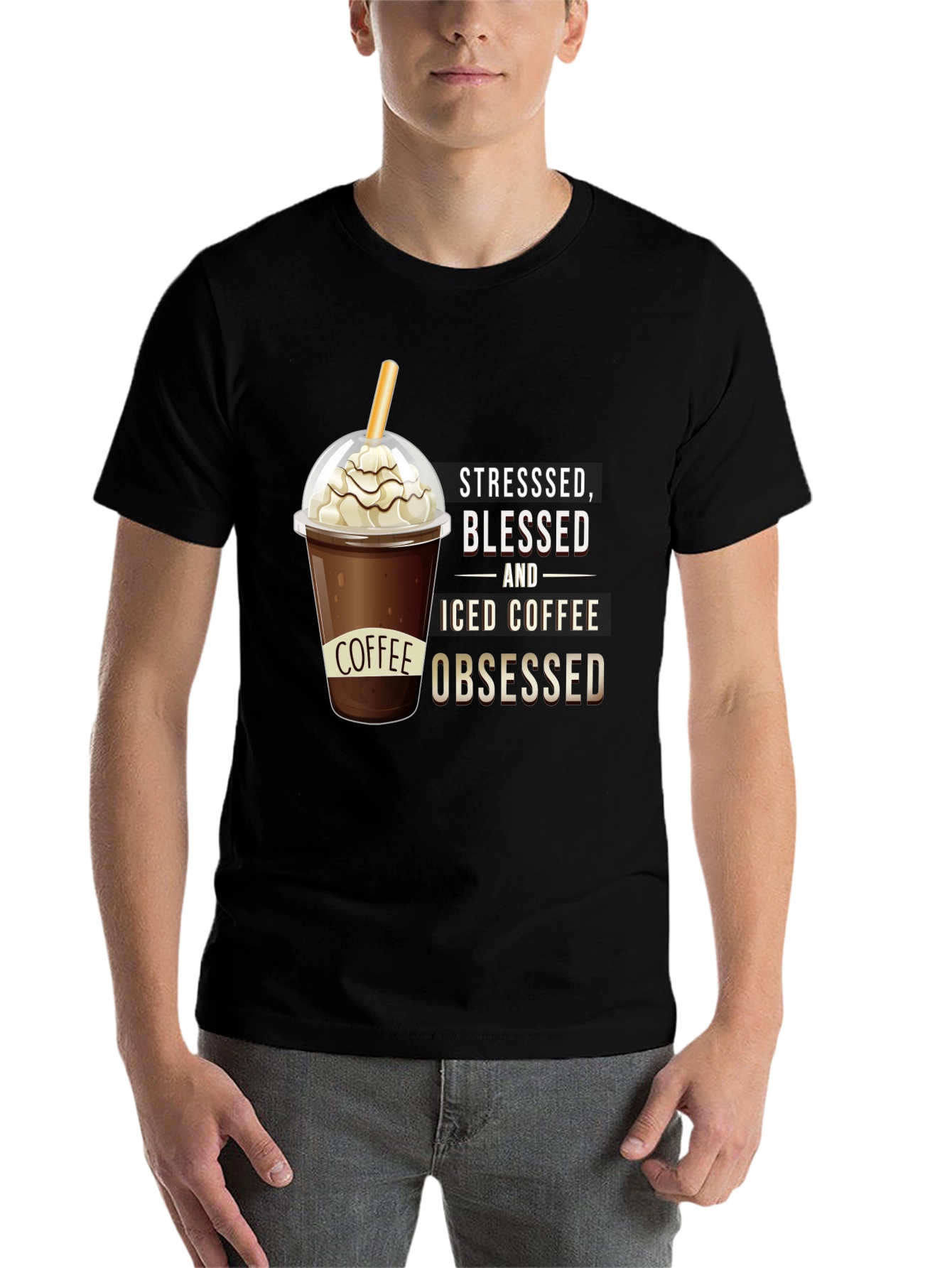 Black Stressed, Blessed, and Iced Coffee Obsessed T-Shirt view 7