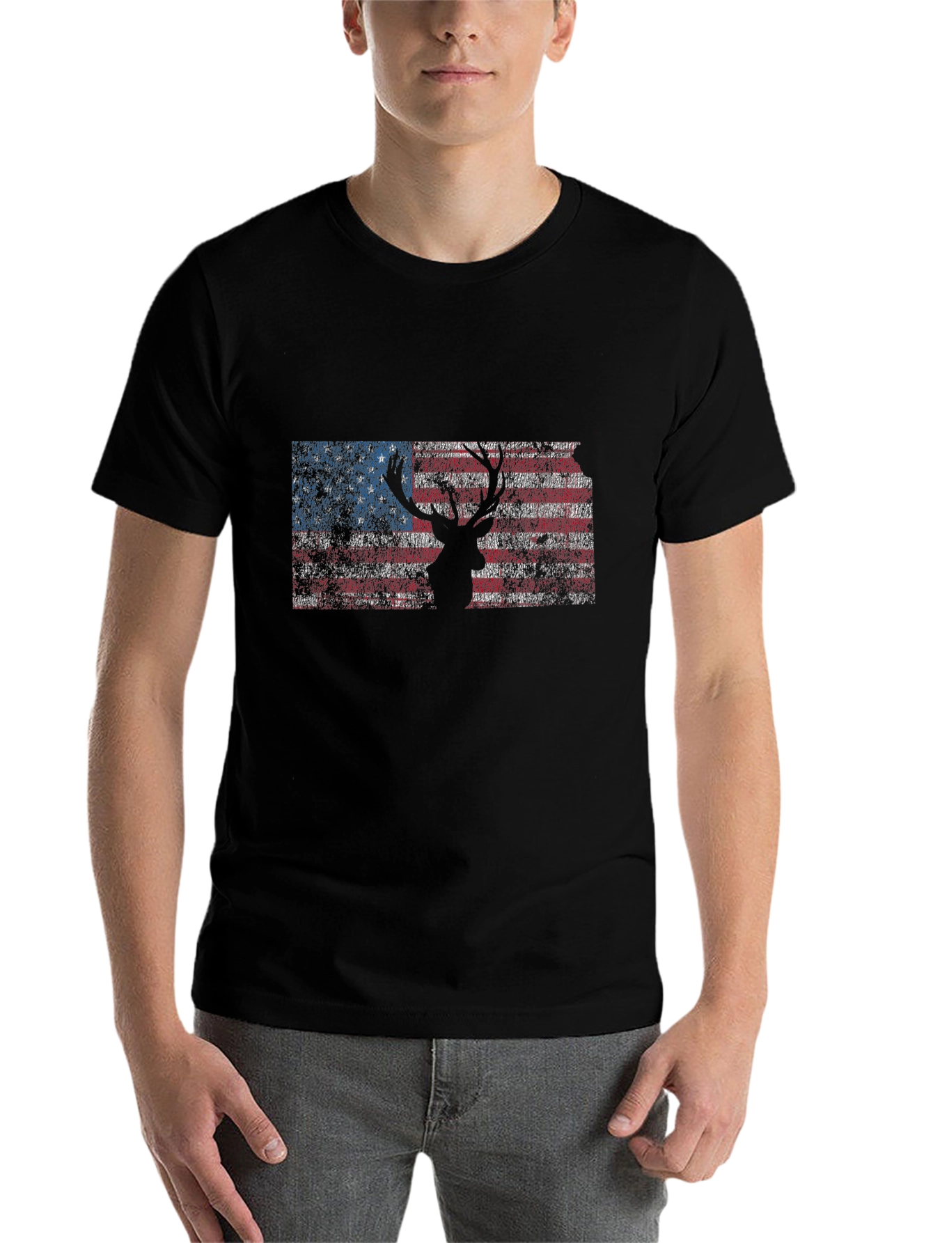 Black American Flag Deer Silhouette Graphic Tee - Patriotic Style view 7