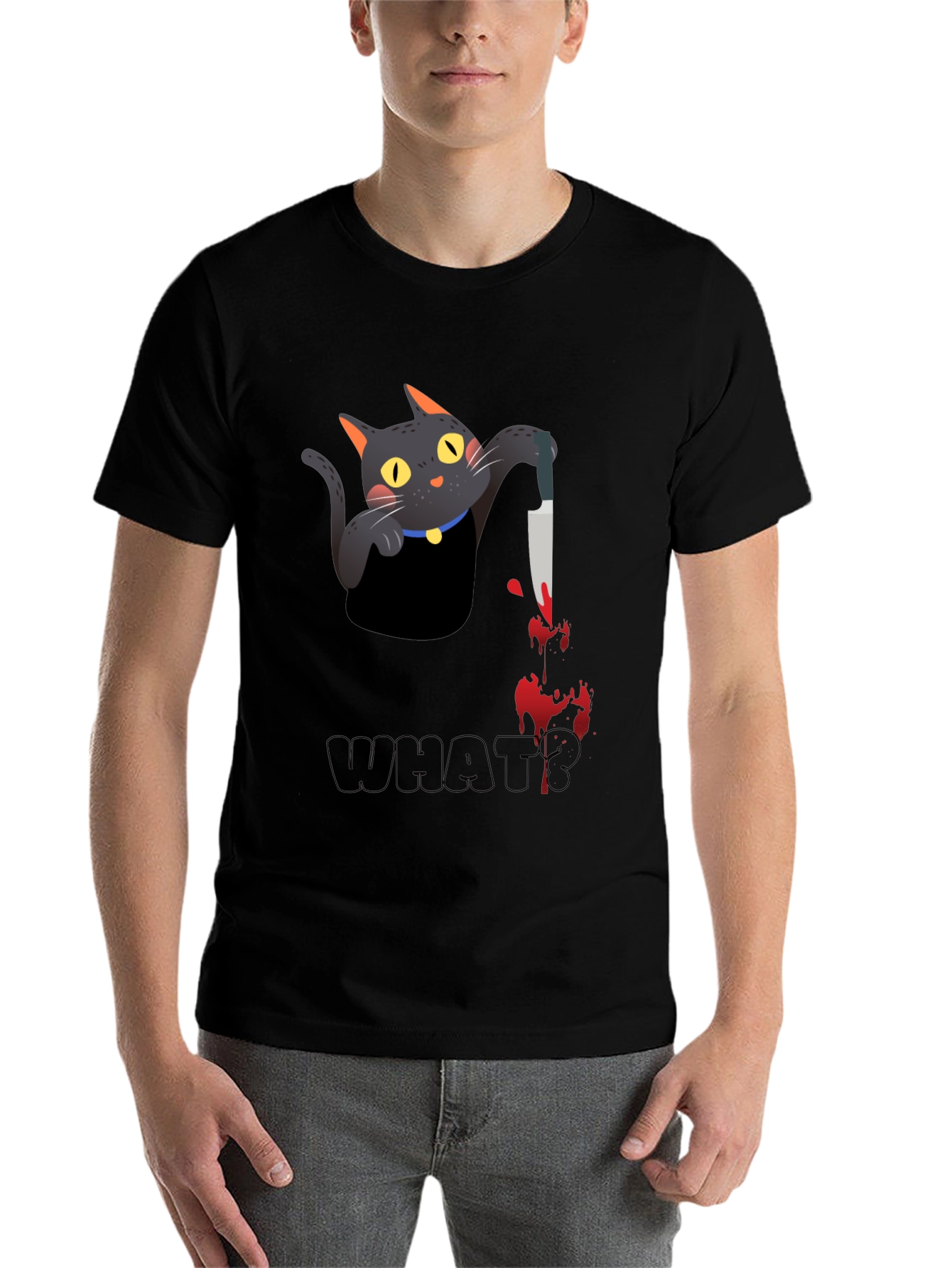 Black Cat With Knife Black T-Shirt - What? view 7