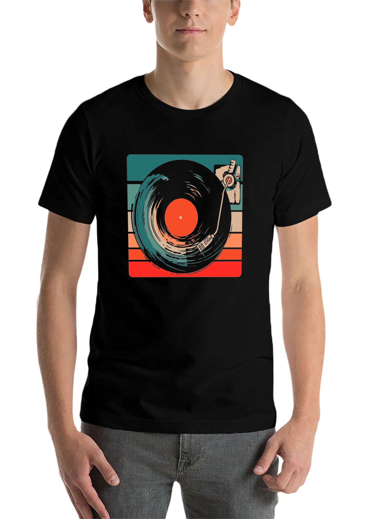 Black Retro Vinyl Record Player Graphic Tee view 7