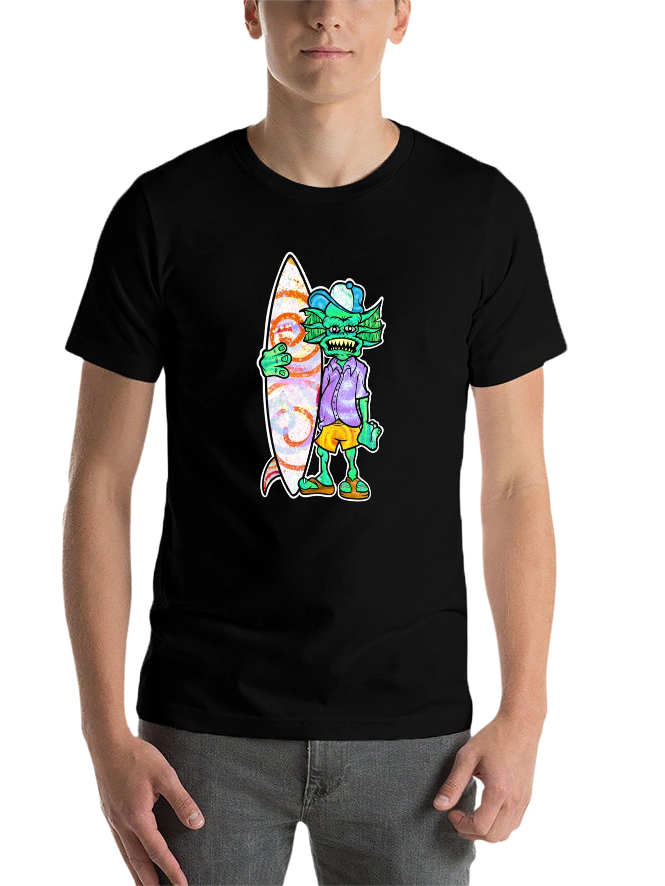 Black Cool Surfer Monster Graphic T-Shirt view 7