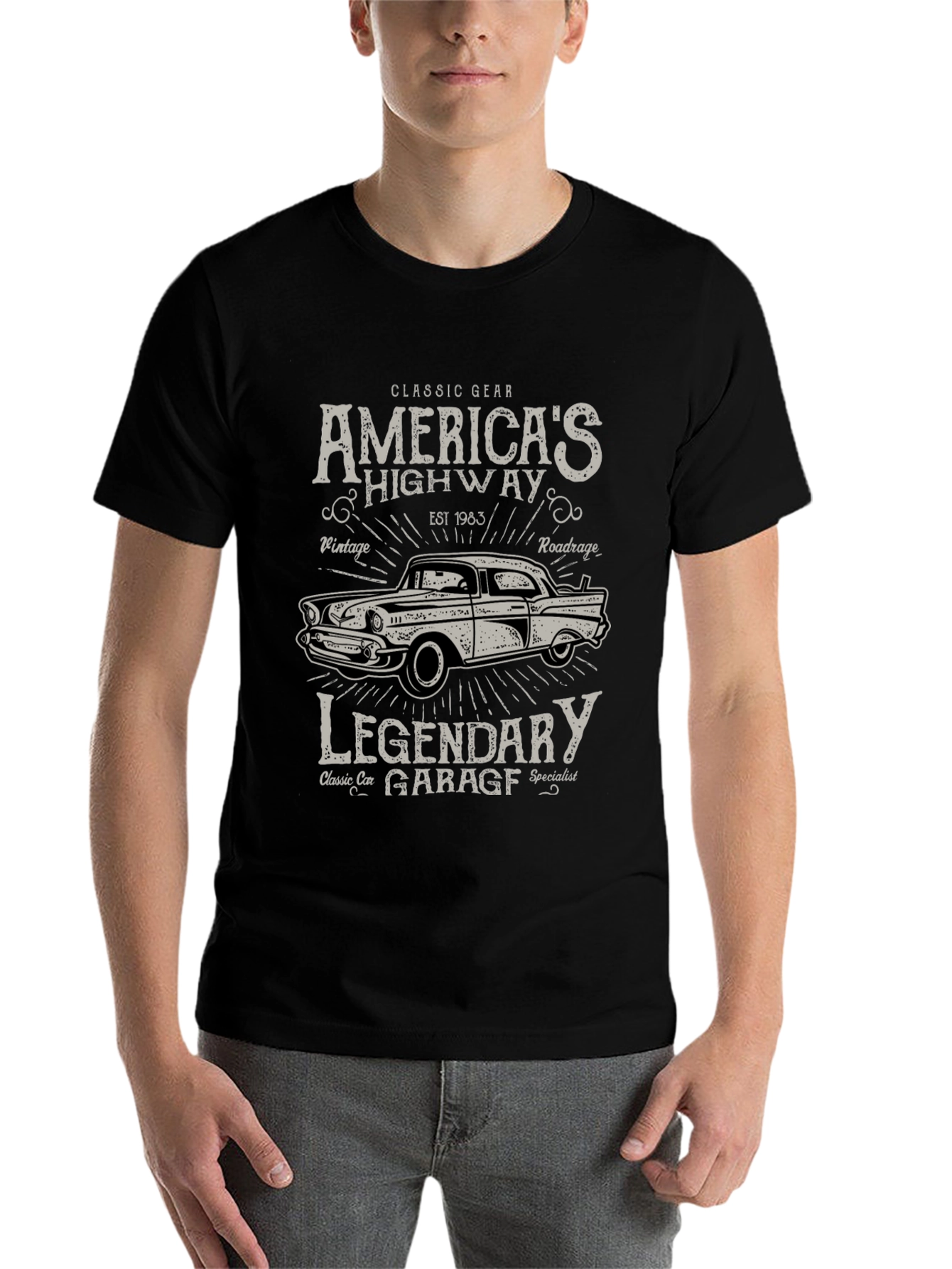 Black Classic Car Garage Tee - America's Highway T-Shirt view 7