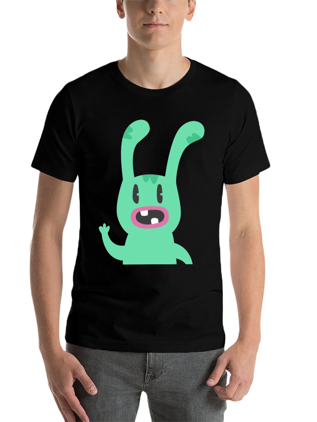 Black Cartoon Rabbit Graphic Tee - Black Cotton T-Shirt view 7
