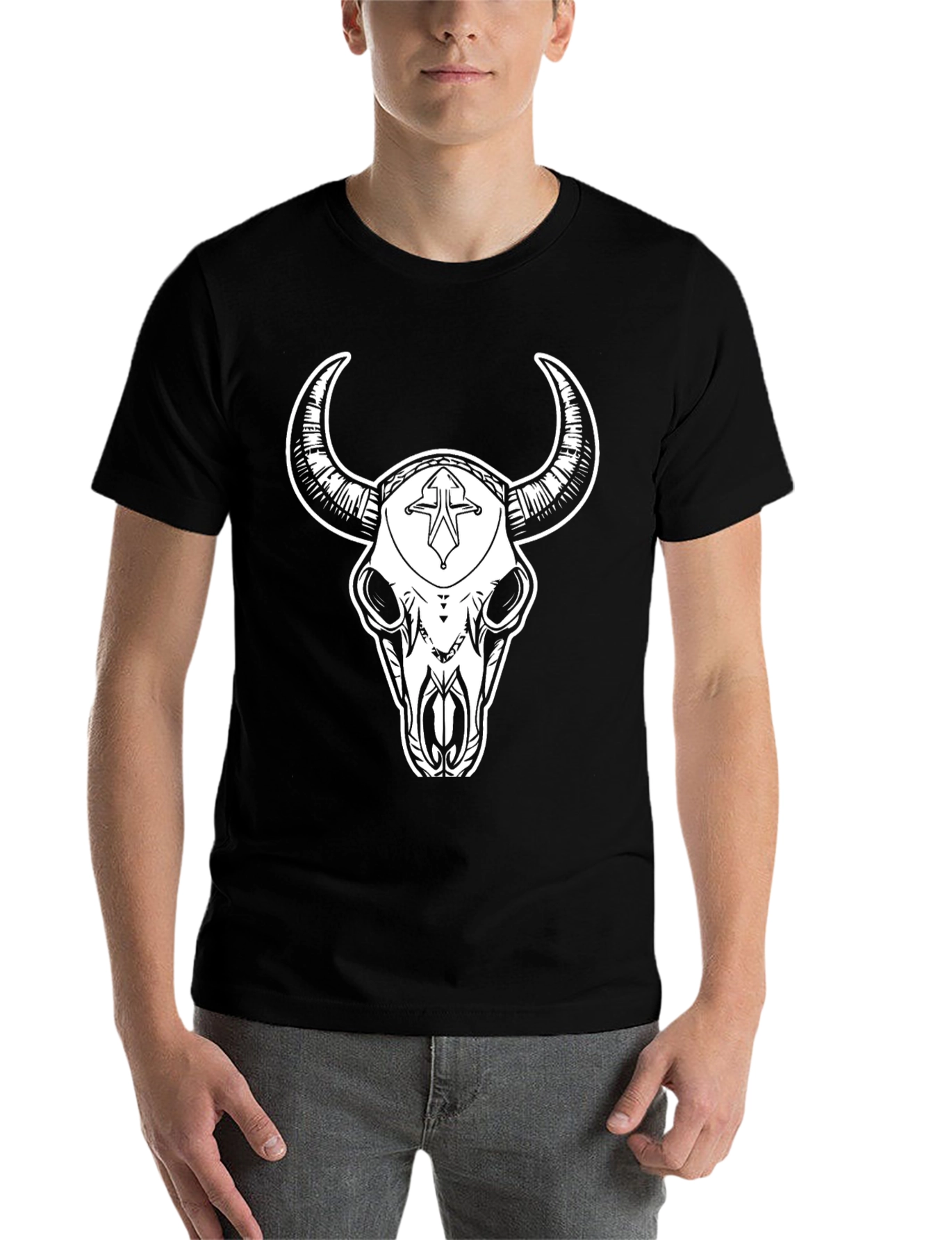 Black Bull Skull Graphic Tee - Black Cotton T-Shirt view 7