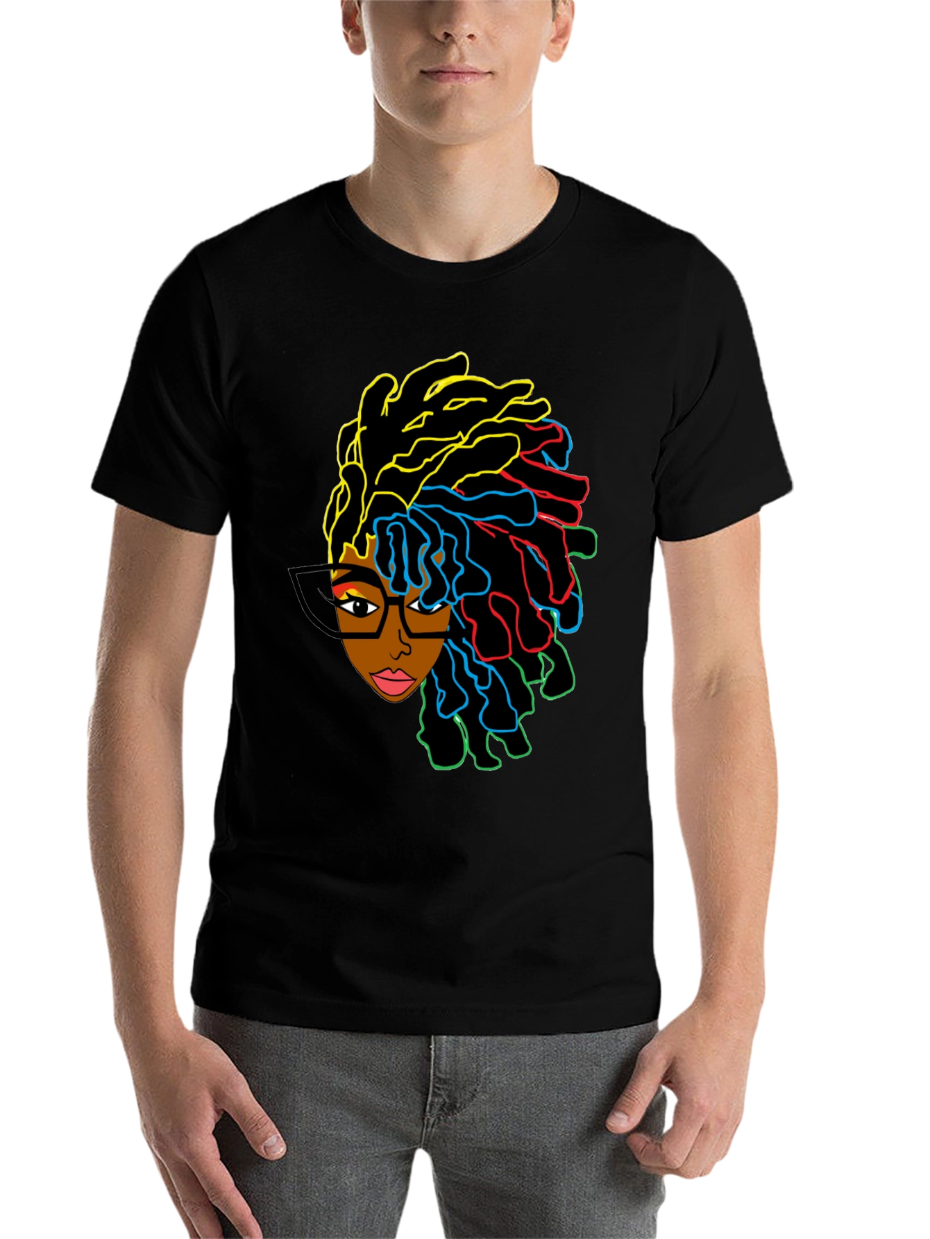 Black Stylish Graphic Tee - Afro Woman with Colorful Dreadlocks view 7