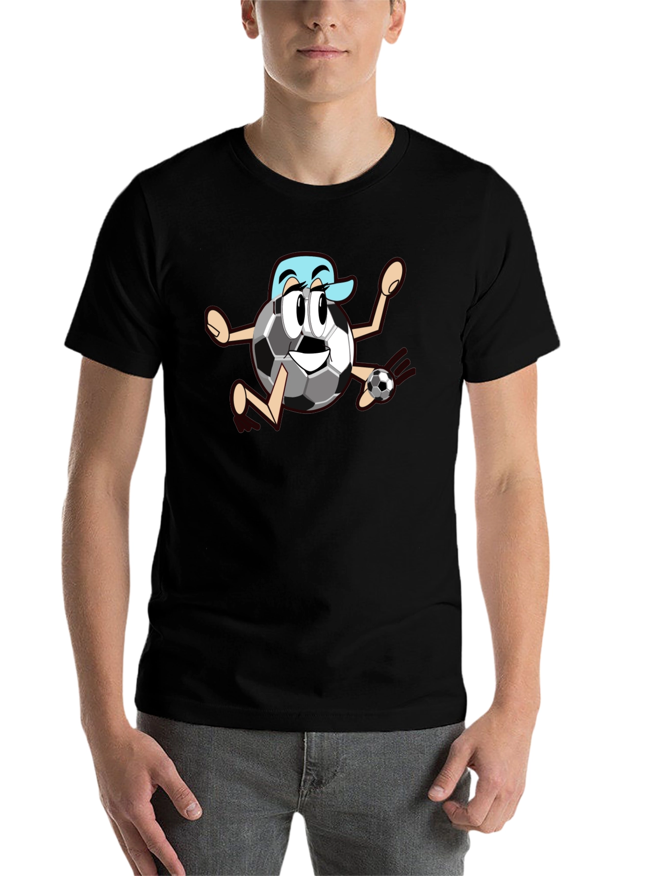 Black Funny Soccer Ball Cartoon Black T-Shirt view 7