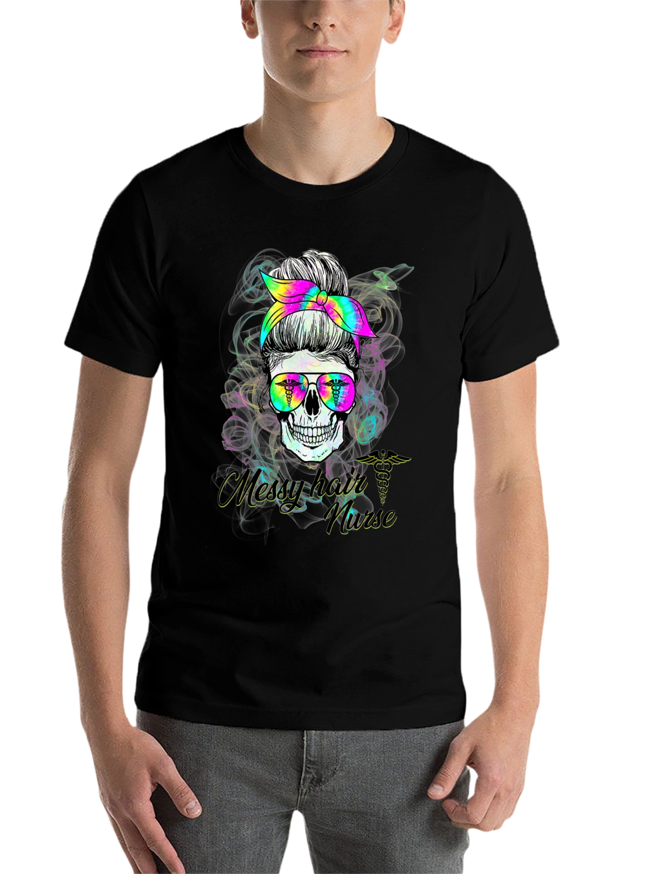Black Messy Hair Nurse Skull T-Shirt view 7