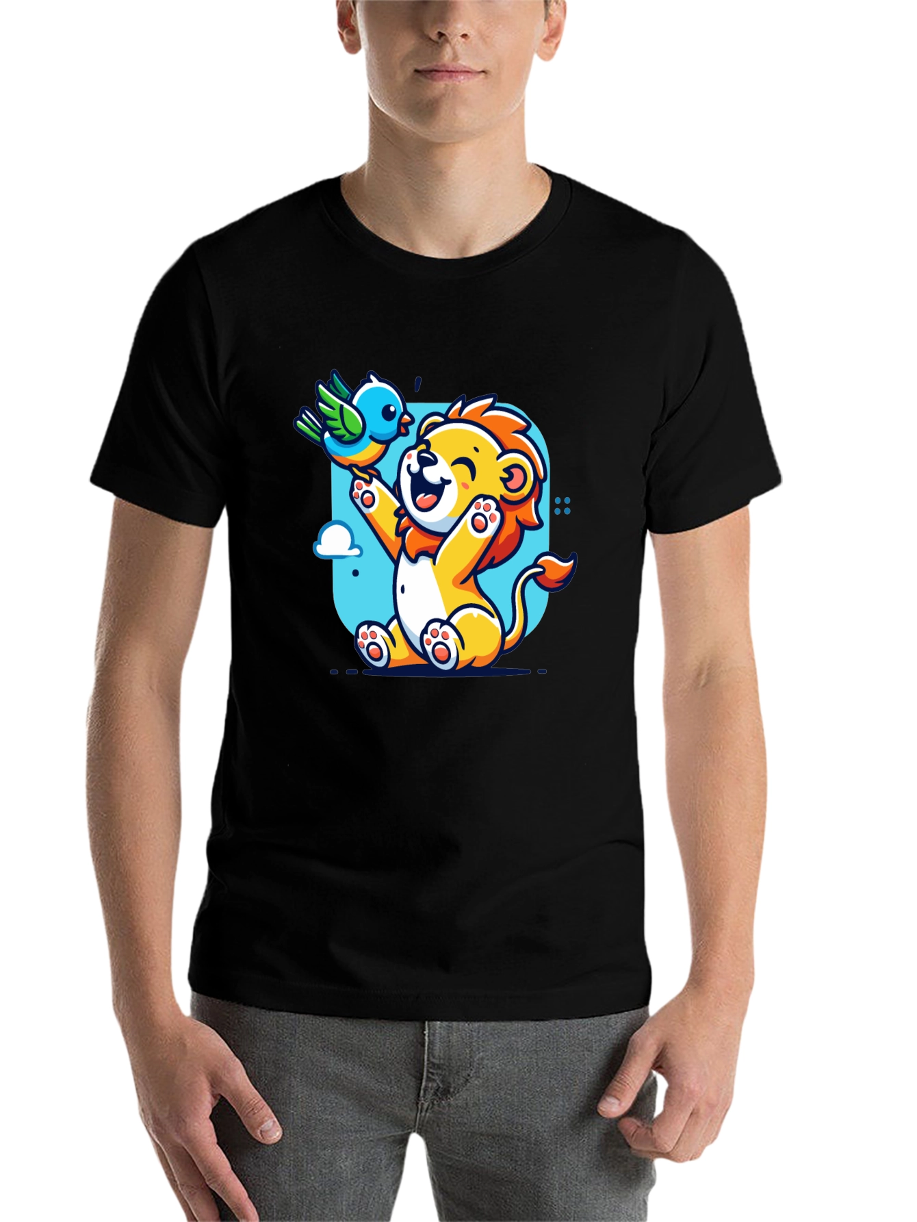 Black Cartoon Lion & Bird Graphic T-Shirt view 7