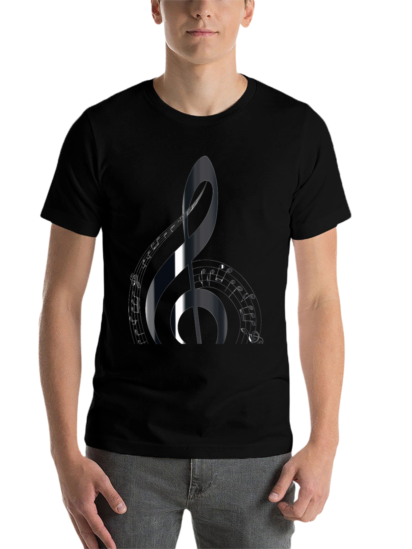 Black Music Lover's Black T-Shirt with Treble Clef Design view 7