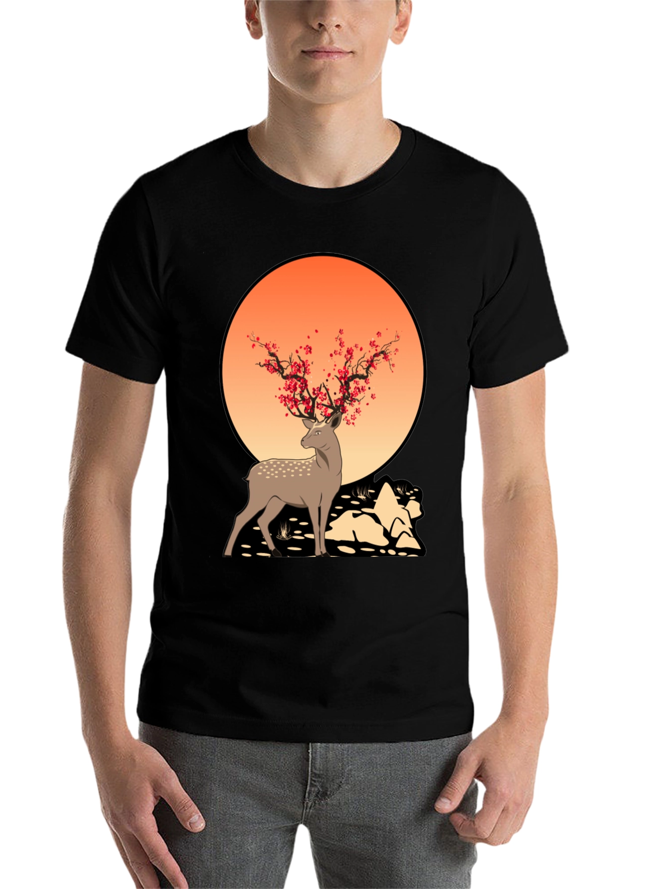 Black Nature-Inspired Deer Graphic Tee view 7