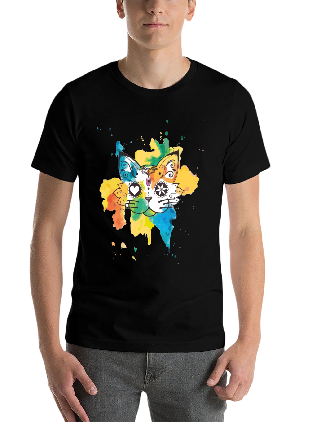 Black Colorful Cat T-Shirt - Whimsical Design Tee view 7