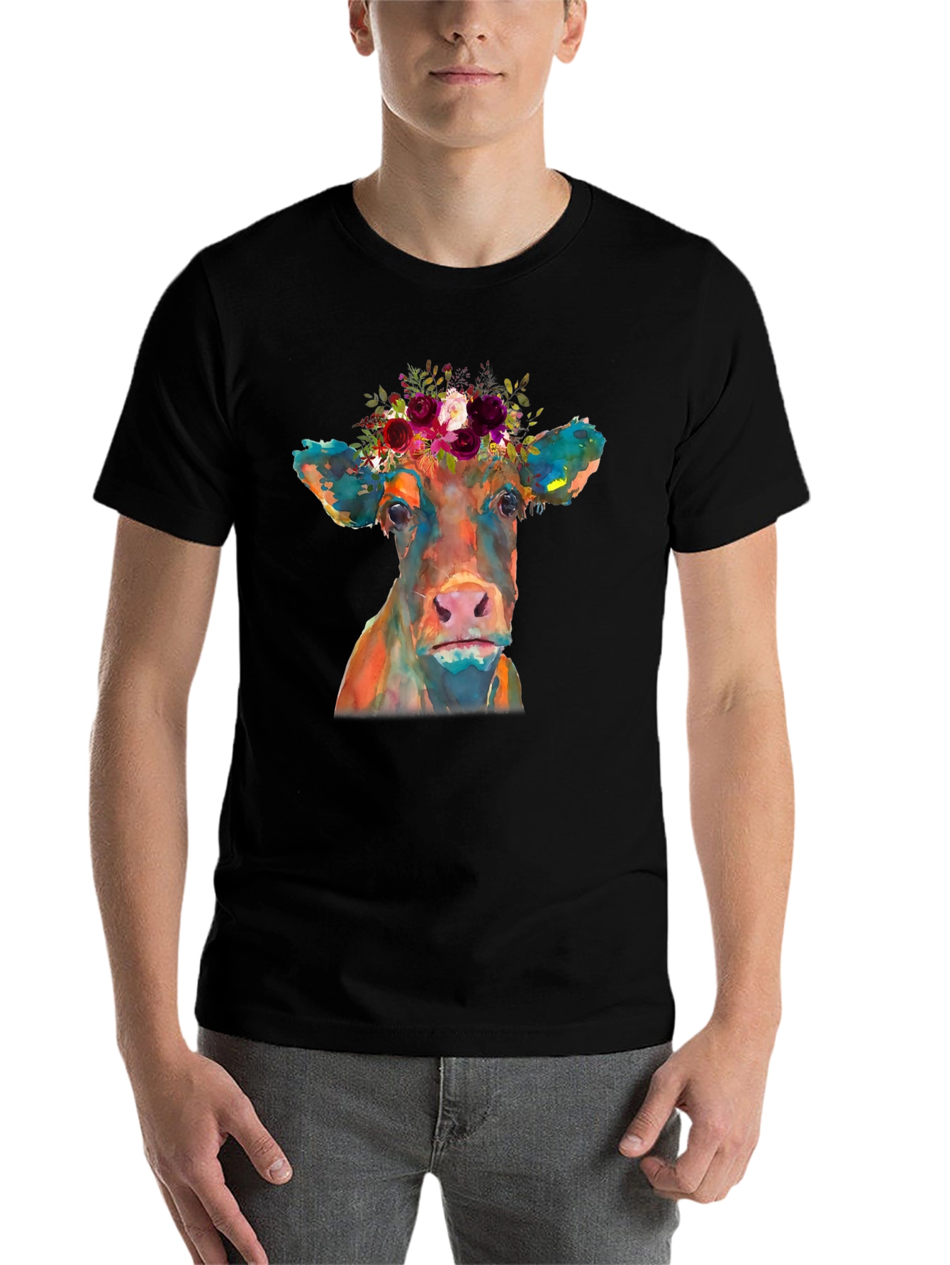 Black Floral Crown Cow Graphic Tee - Black Casual T-Shirt view 7
