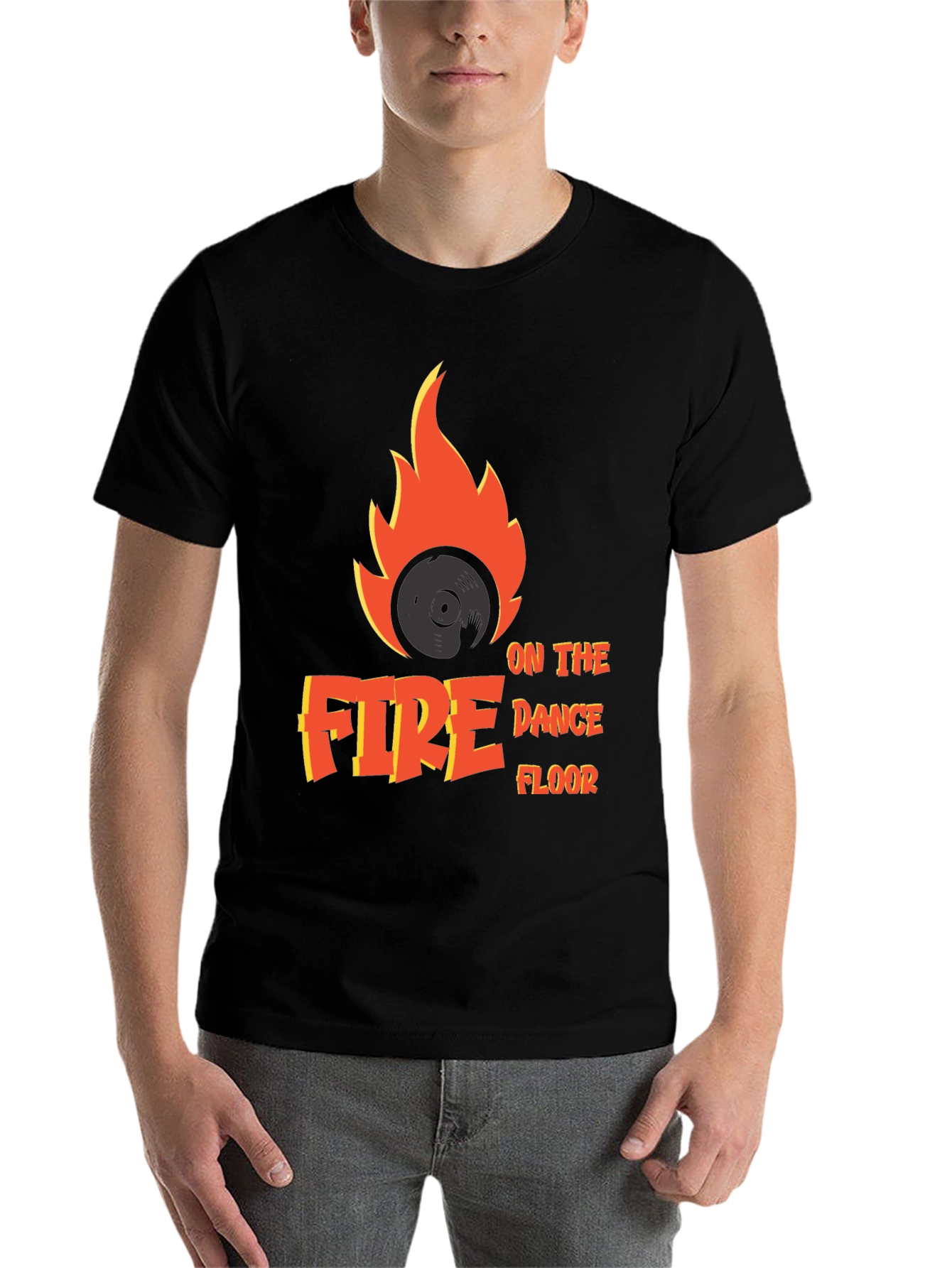 Black Fire on the Dance Floor T-Shirt - DJ Vinyl Flame Tee view 7