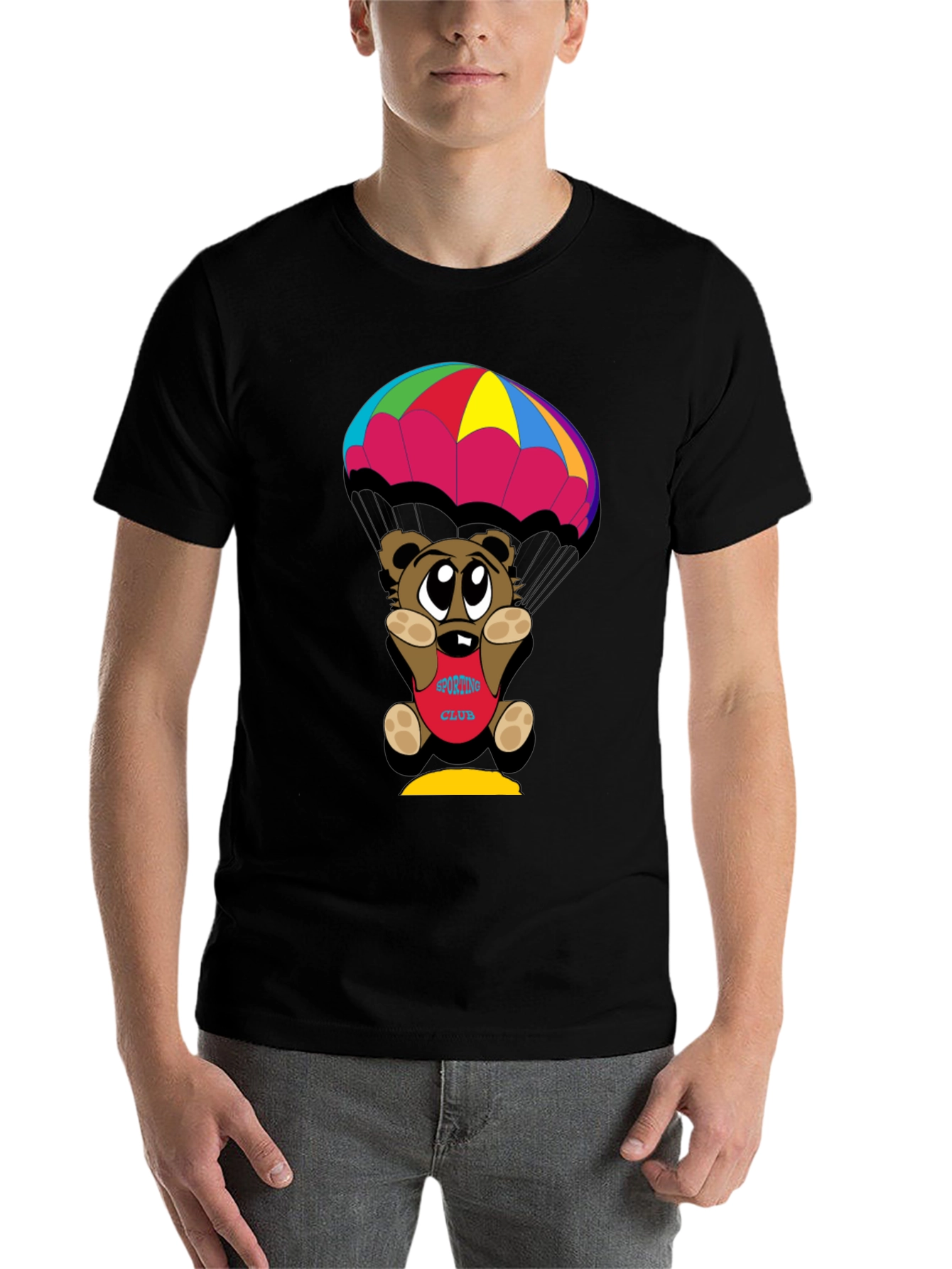 Black Cartoon Bear Parachute Black T-Shirt view 7